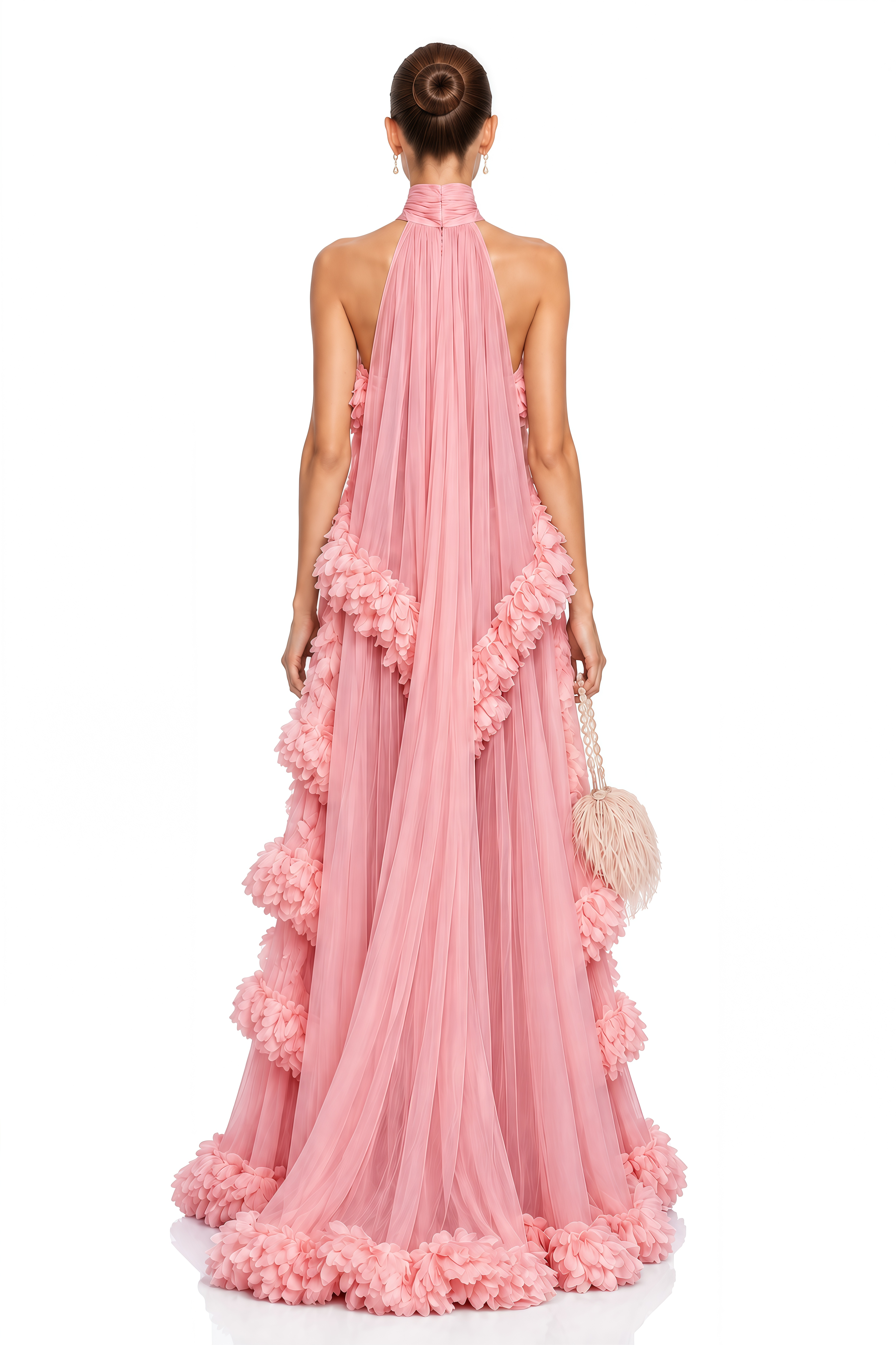 Anahere Pink Turtleneck Maxi Dress with Slit and 3D Florals