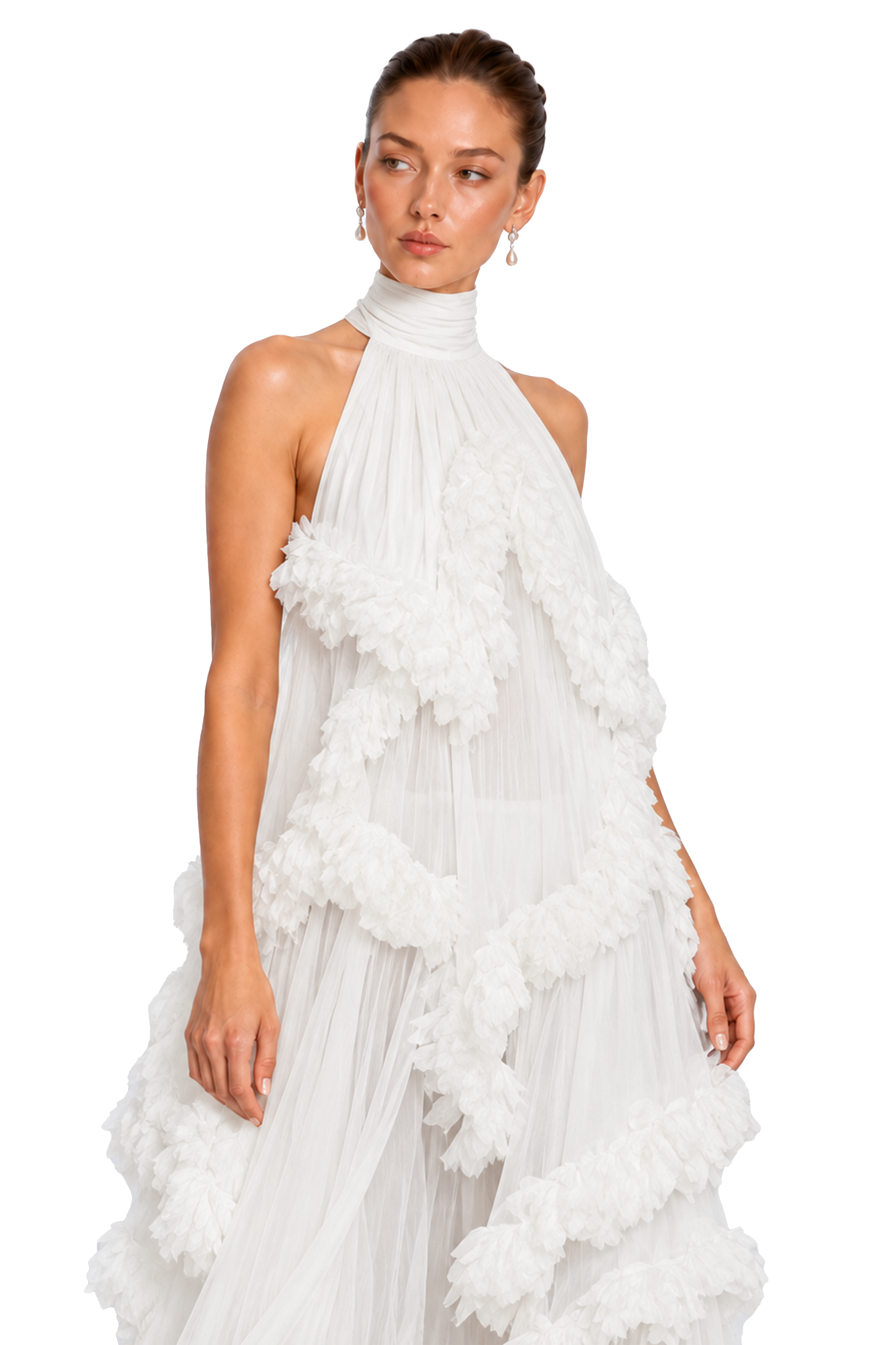 Anahere White Turtleneck Maxi Dress with Slit and 3D Florals