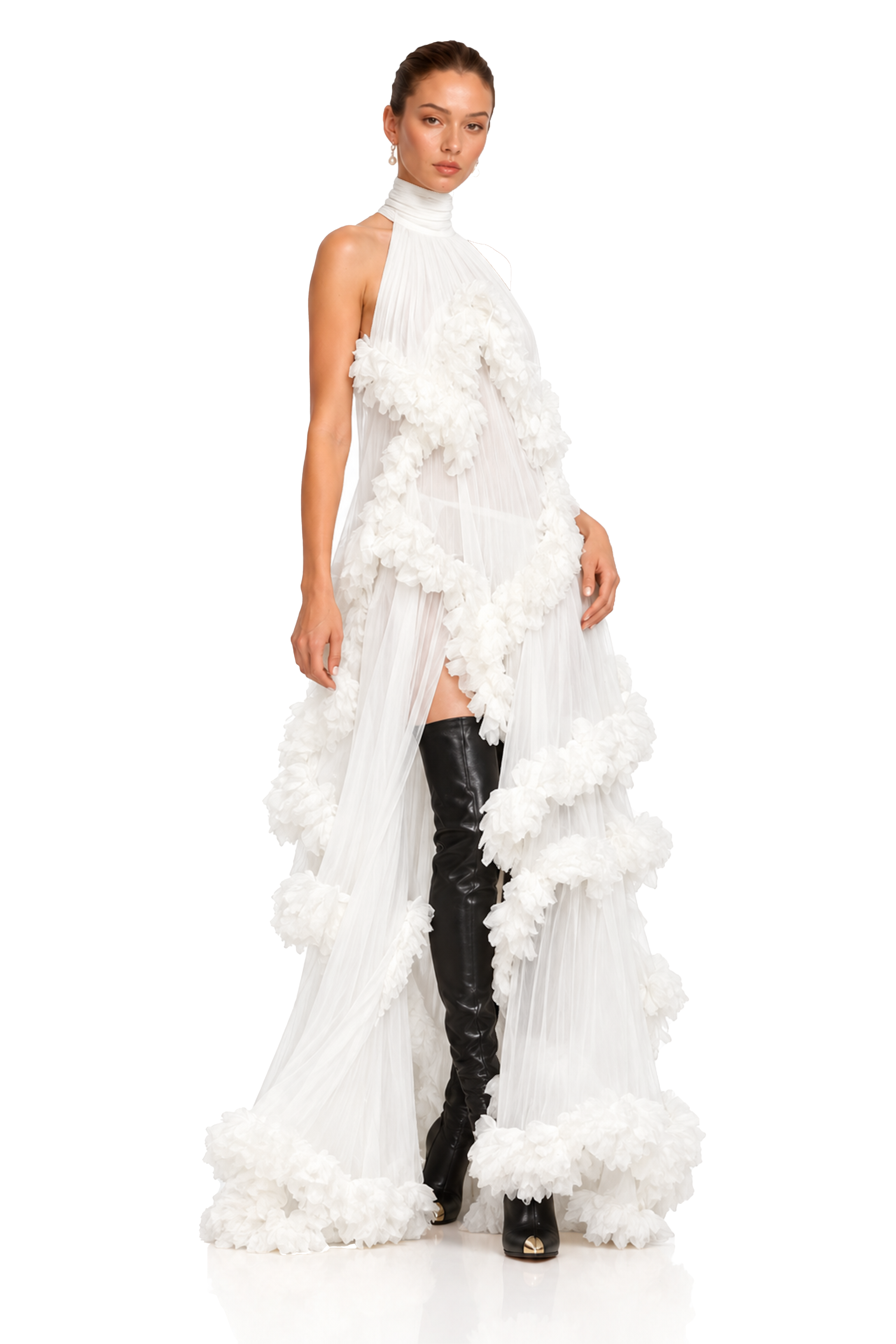 Anahere White Turtleneck Maxi Dress with Slit and 3D Florals