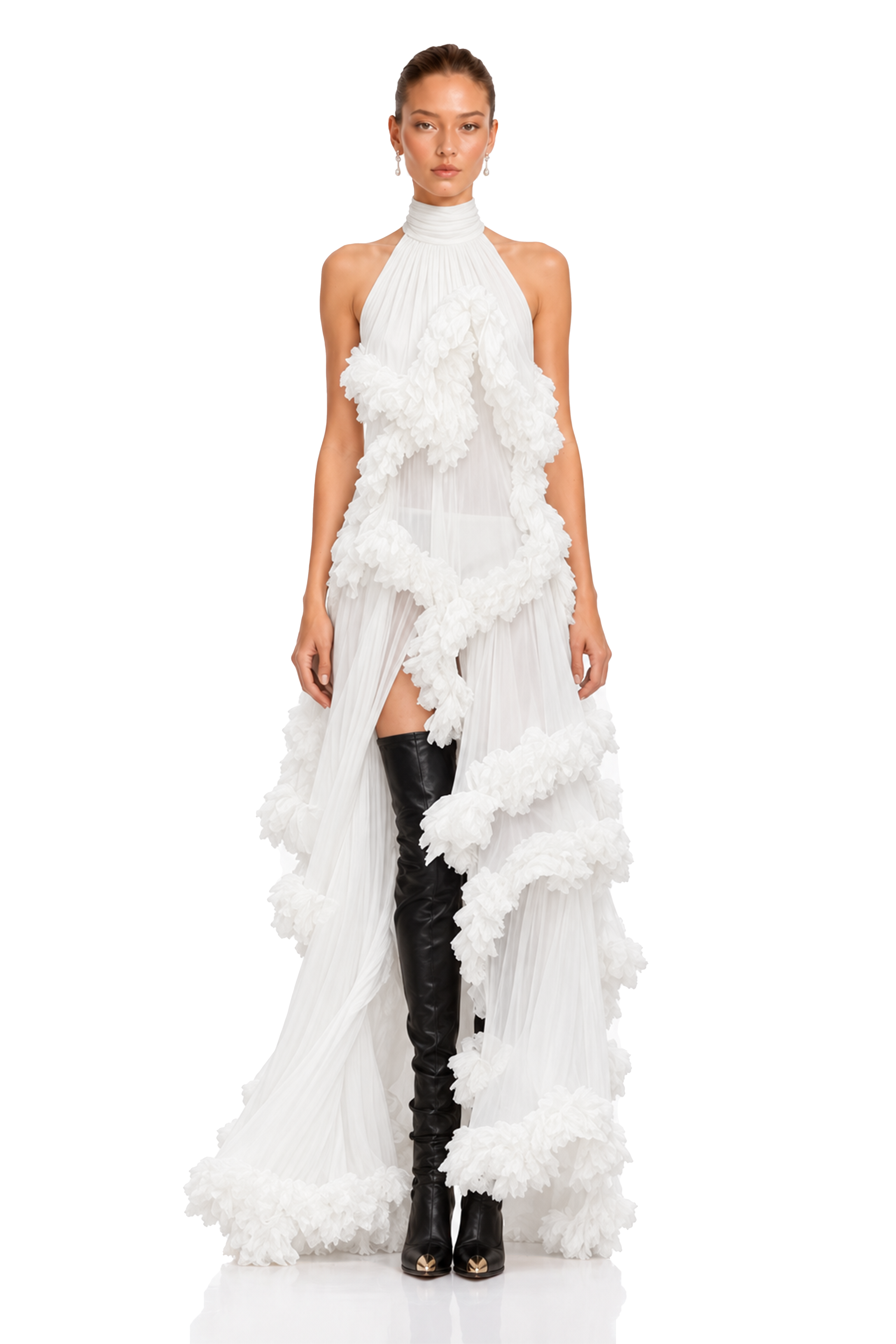 Anahere White Turtleneck Maxi Dress with Slit and 3D Florals