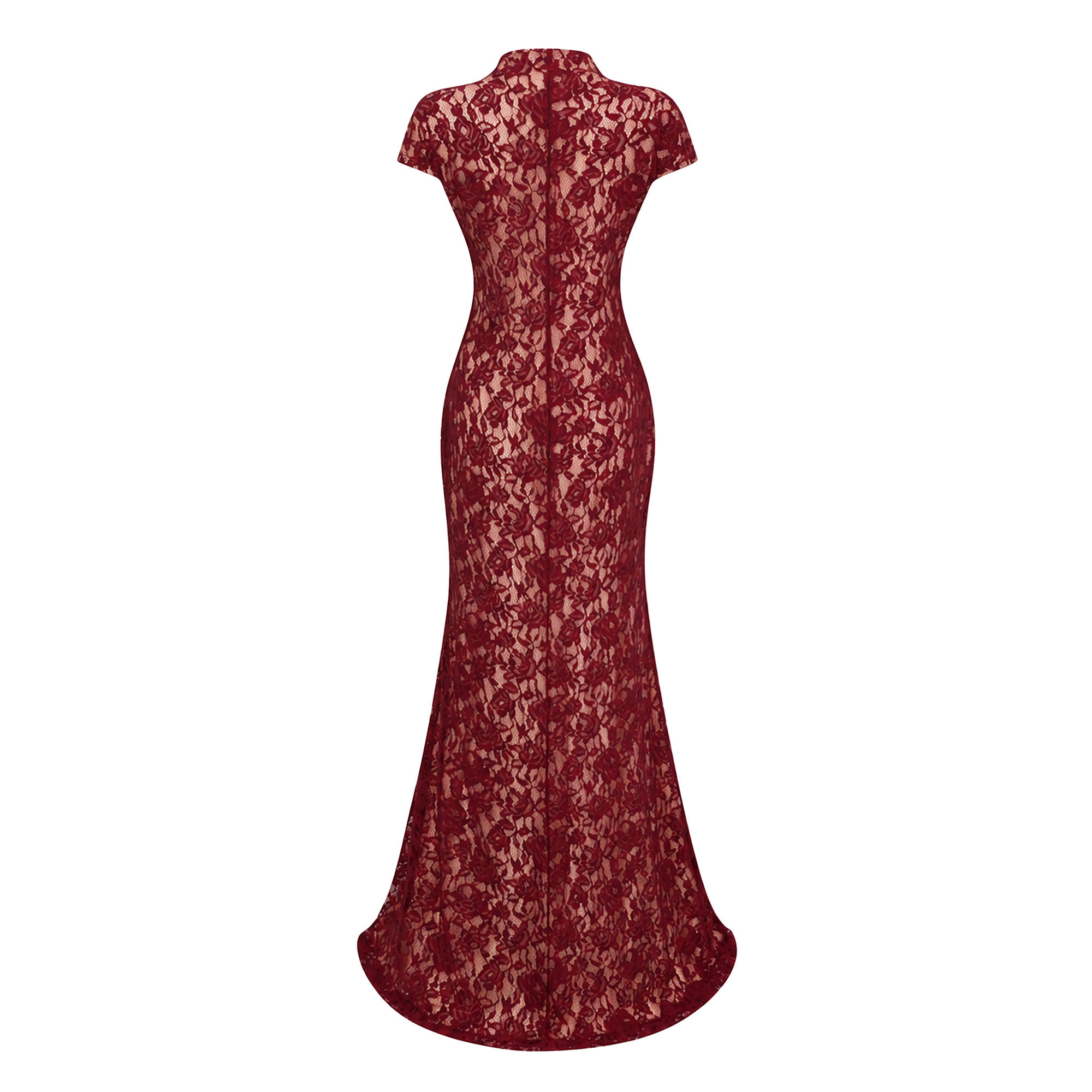 Andrea Burgundy Keyhole Lace Maxi Dress with High Thigh Slit