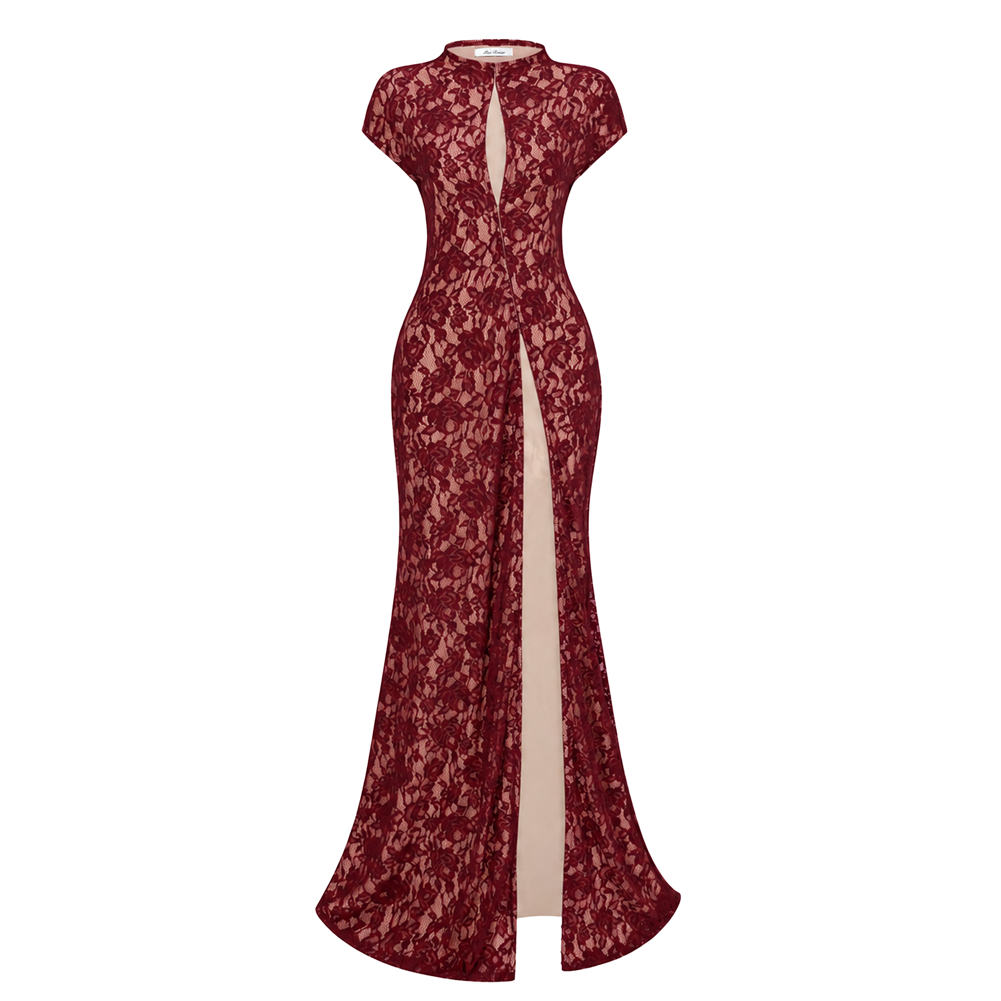 Andrea Burgundy Keyhole Lace Maxi Dress with High Thigh Slit