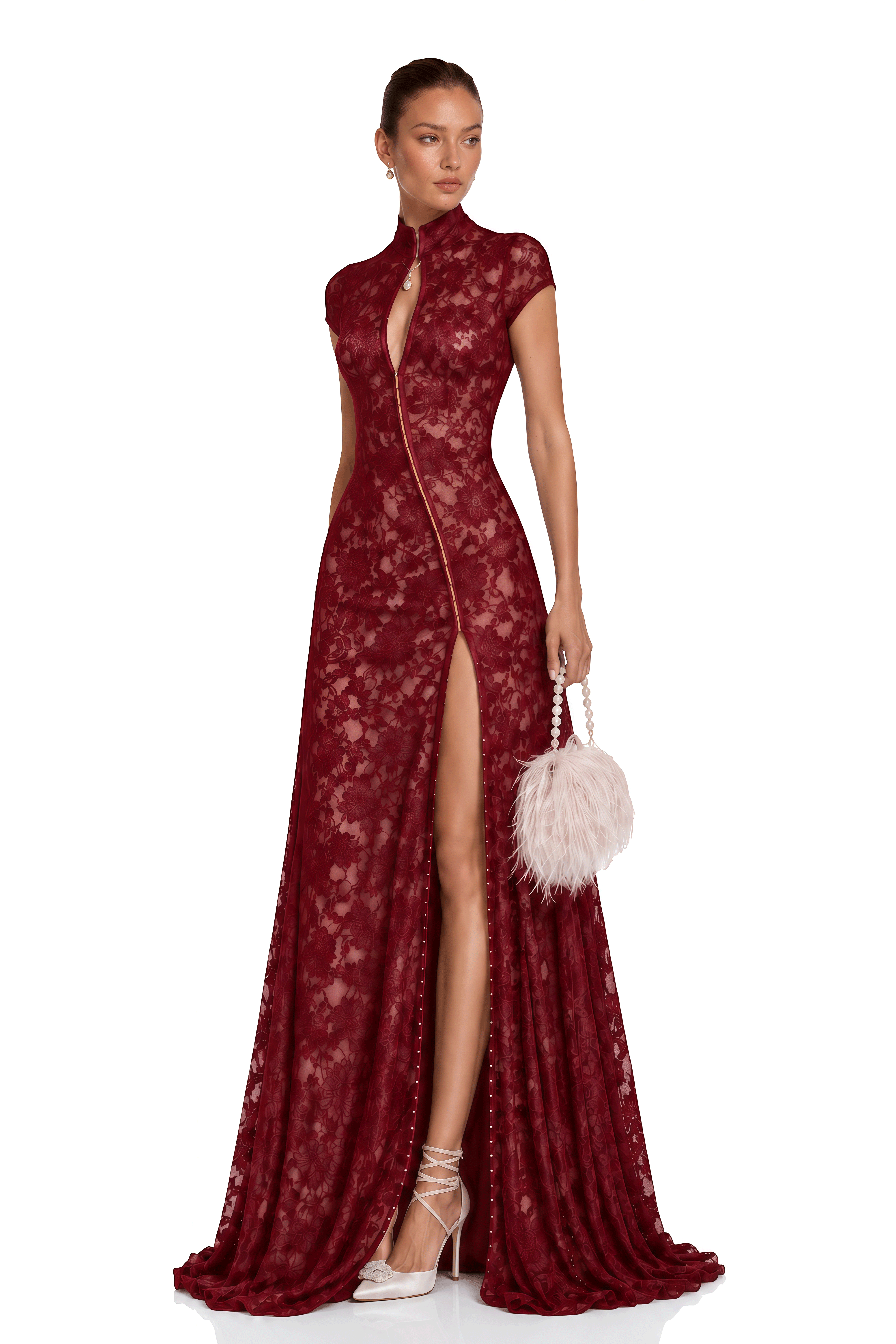 Andrea Burgundy Keyhole Lace Maxi Dress with High Thigh Slit