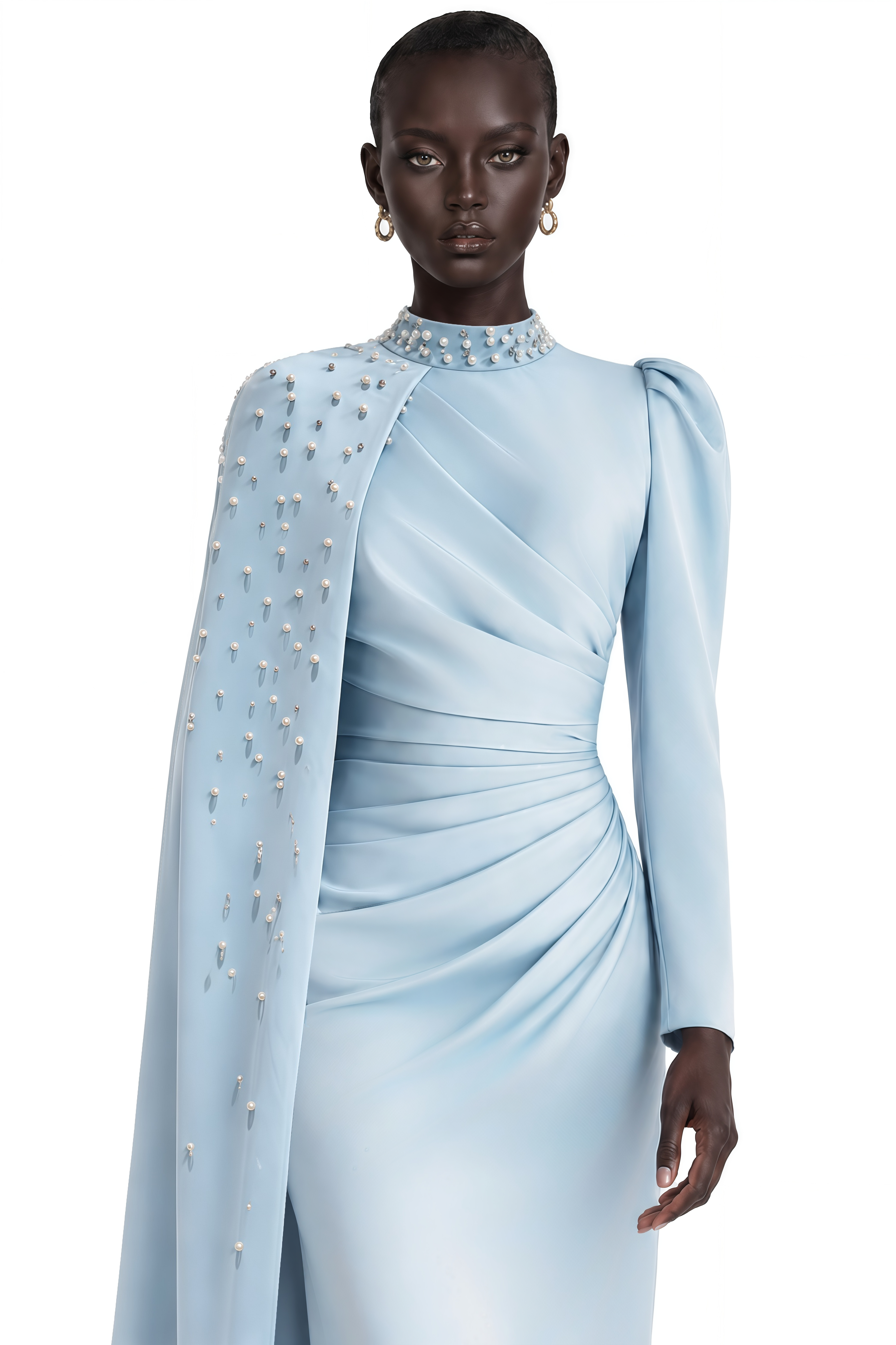 Andreea Blue Cape Maxi Dress with Embellishment