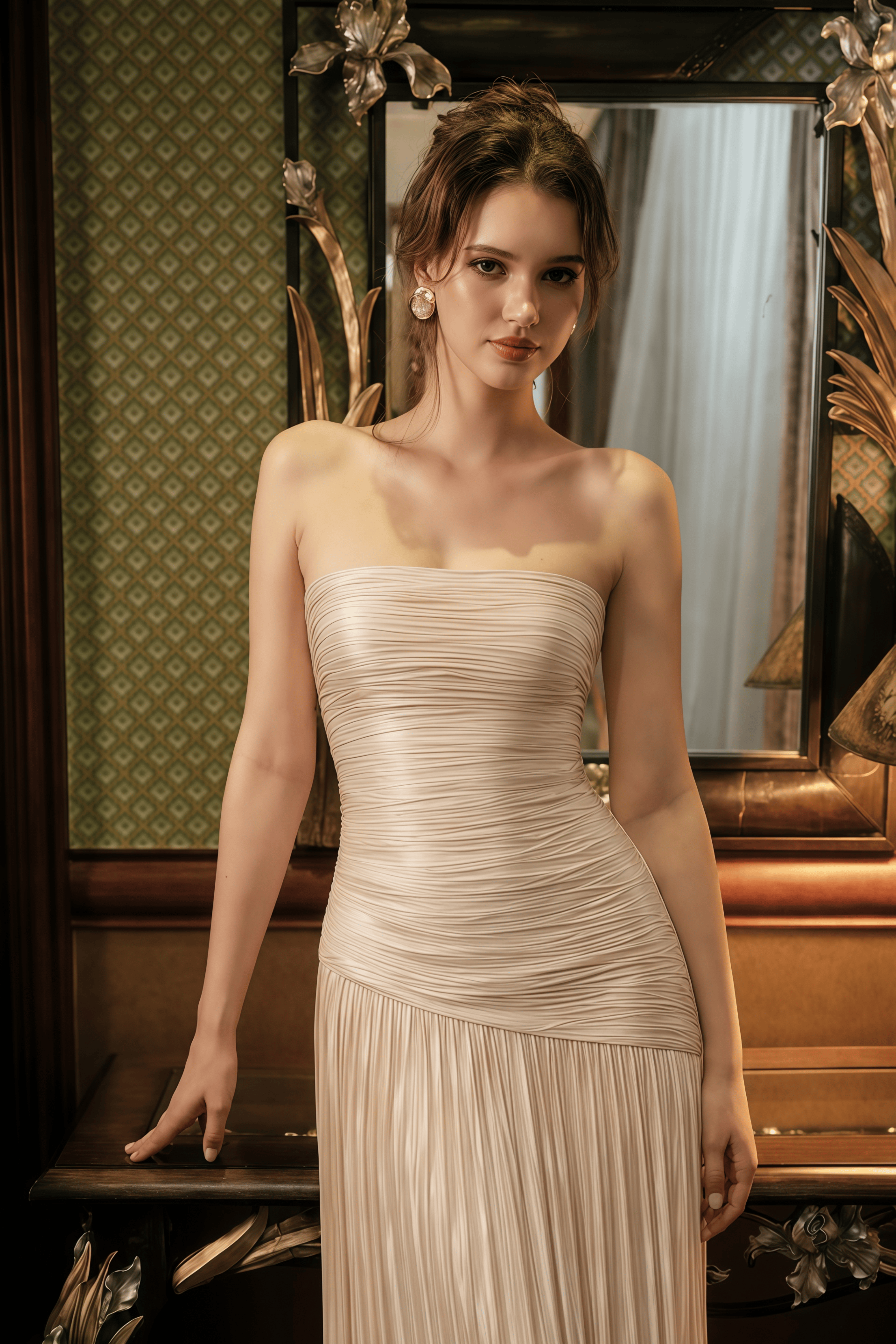 Angelina Champagne Brown Off Shoulder Pleated Maxi Dress