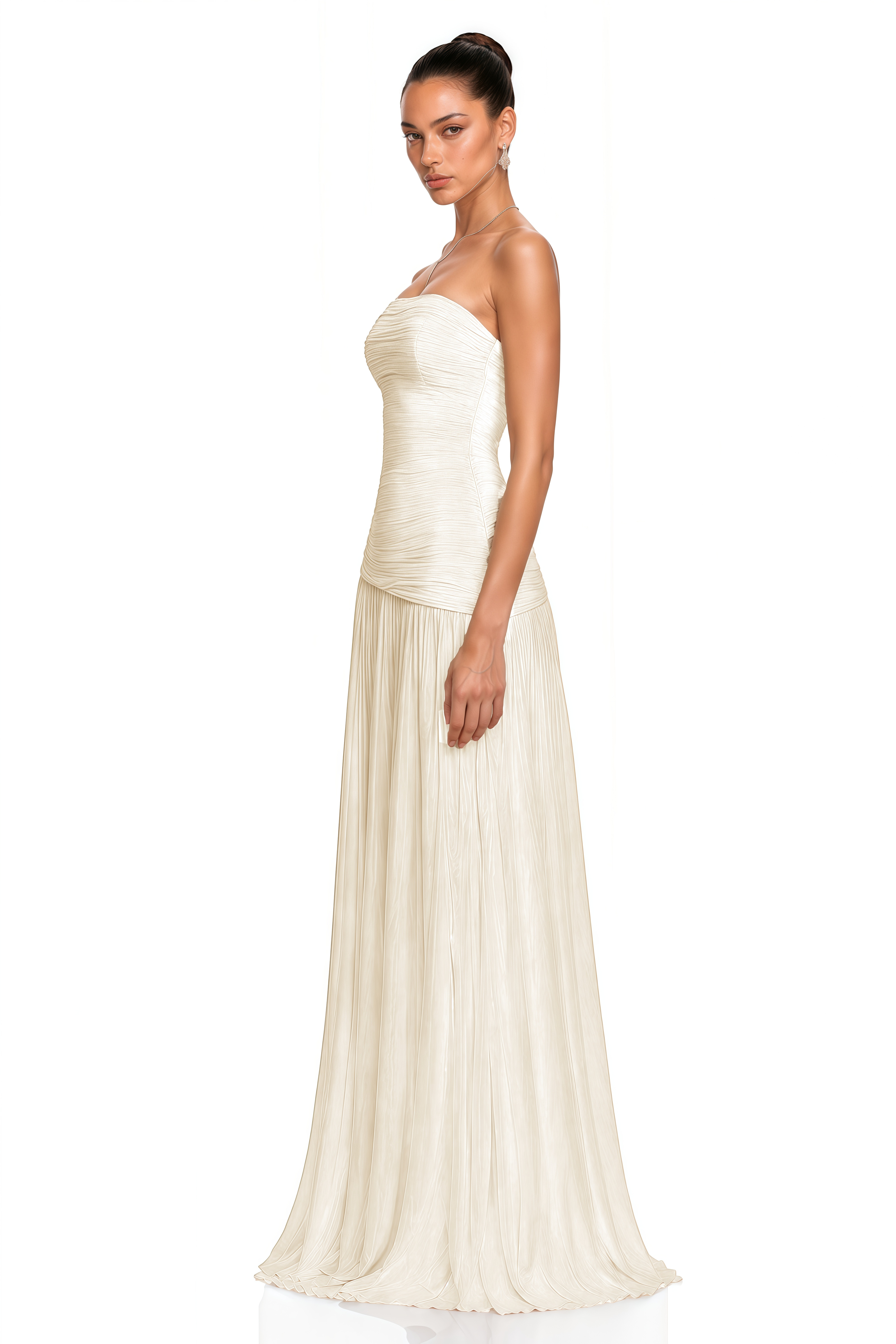 Angelina Champagne White Off Shoulder Pleated Maxi Dress