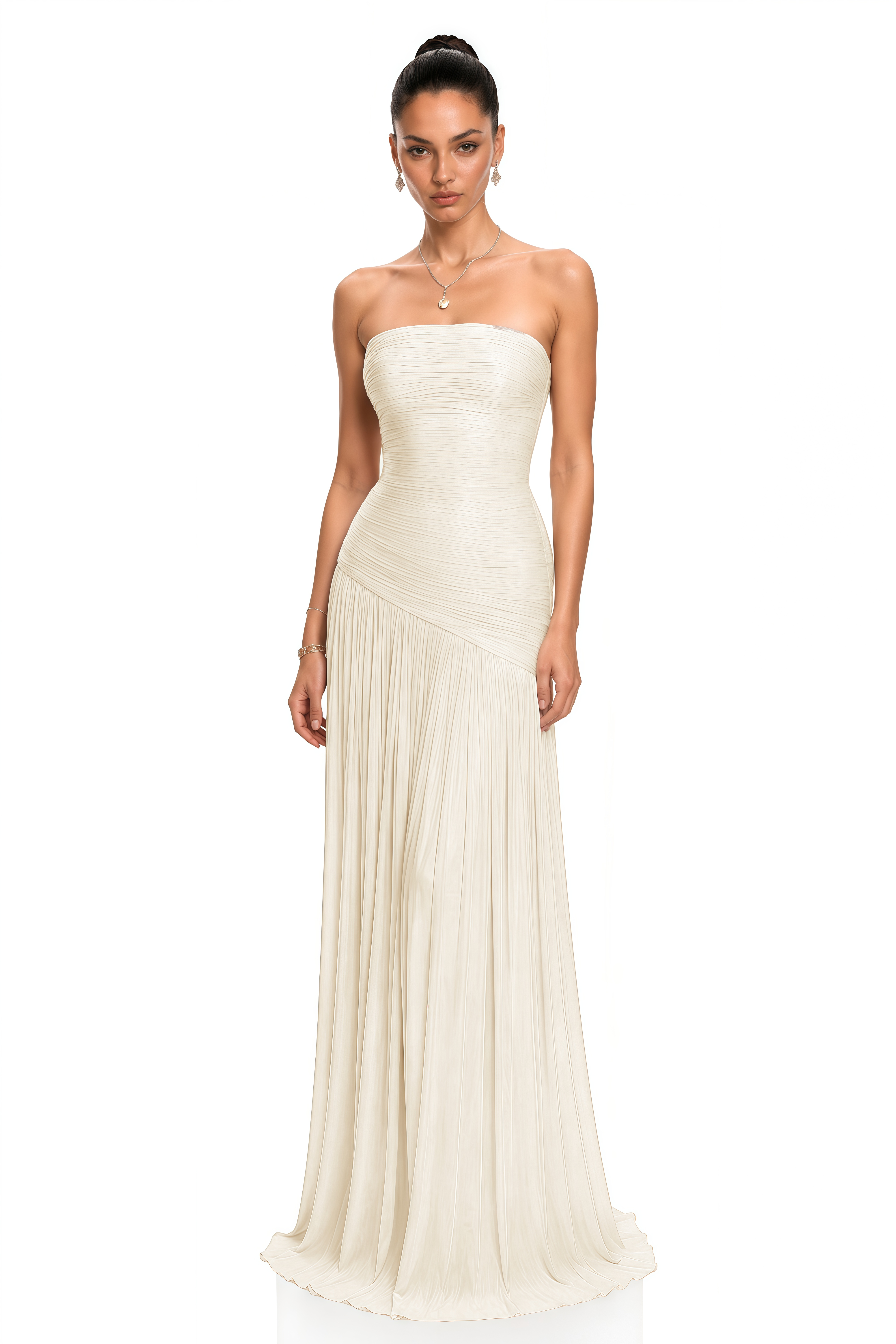 Angelina Champagne White Off Shoulder Pleated Maxi Dress