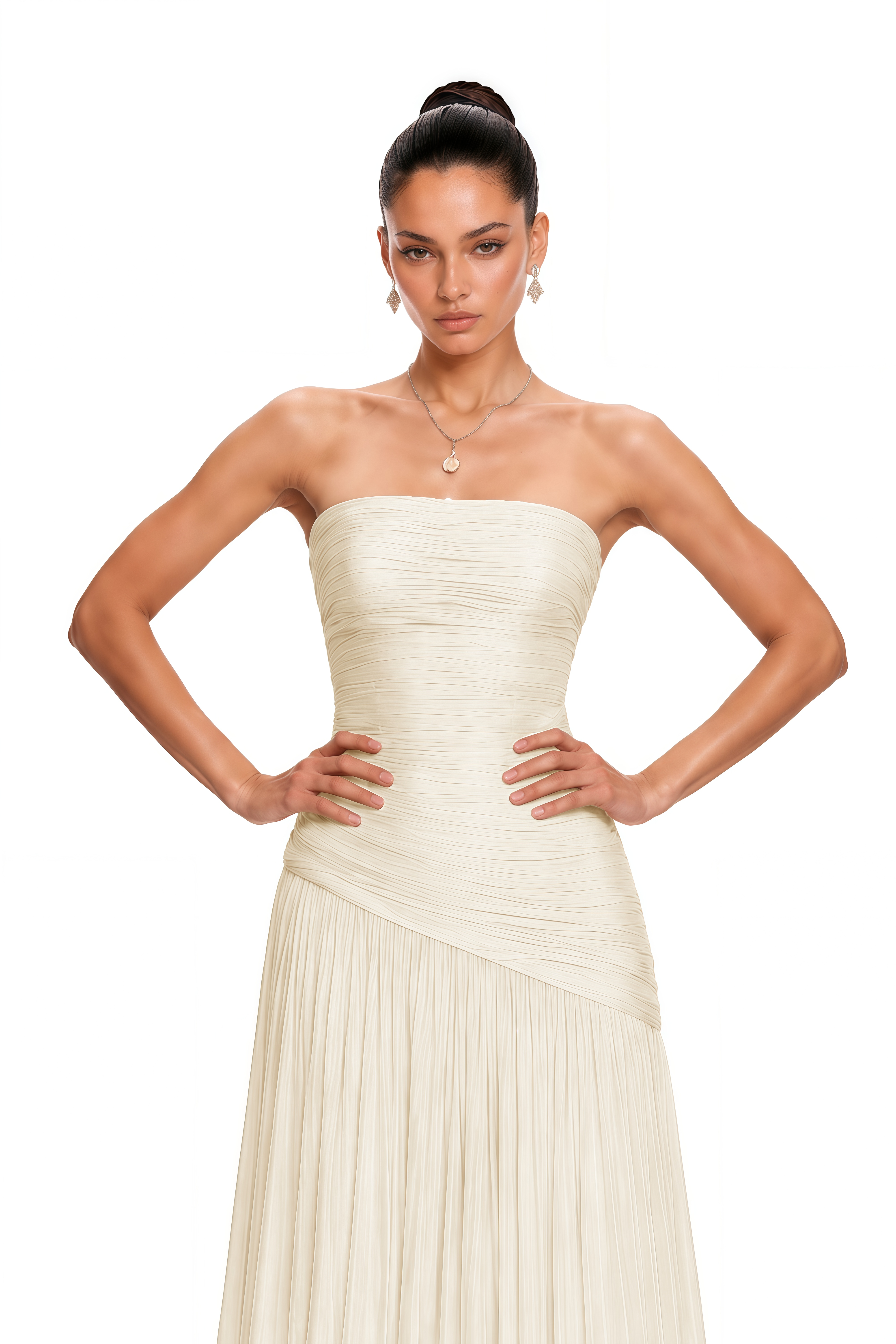 Angelina Champagne White Off Shoulder Pleated Maxi Dress