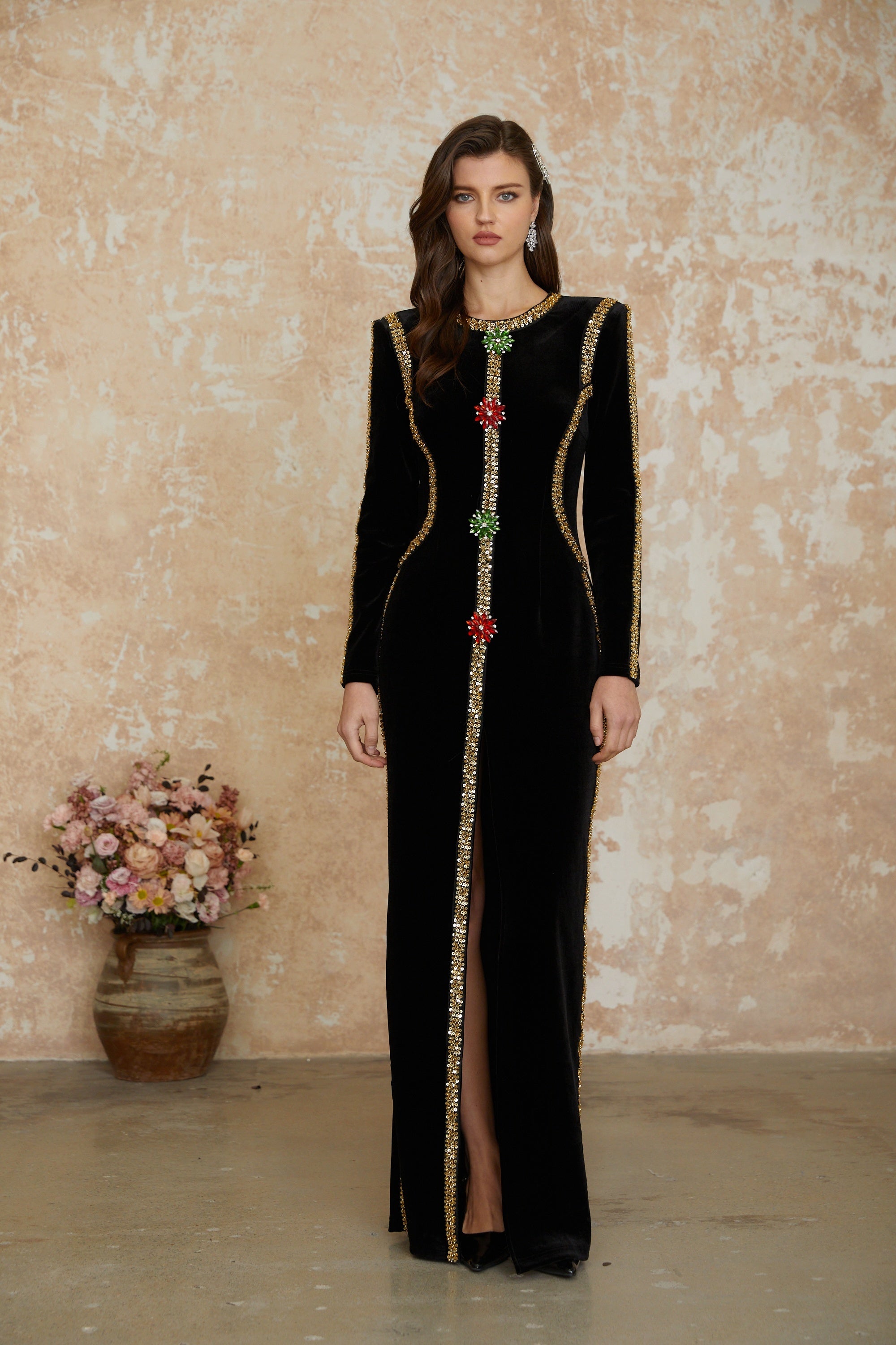 Jeweled black velvet maxi dress