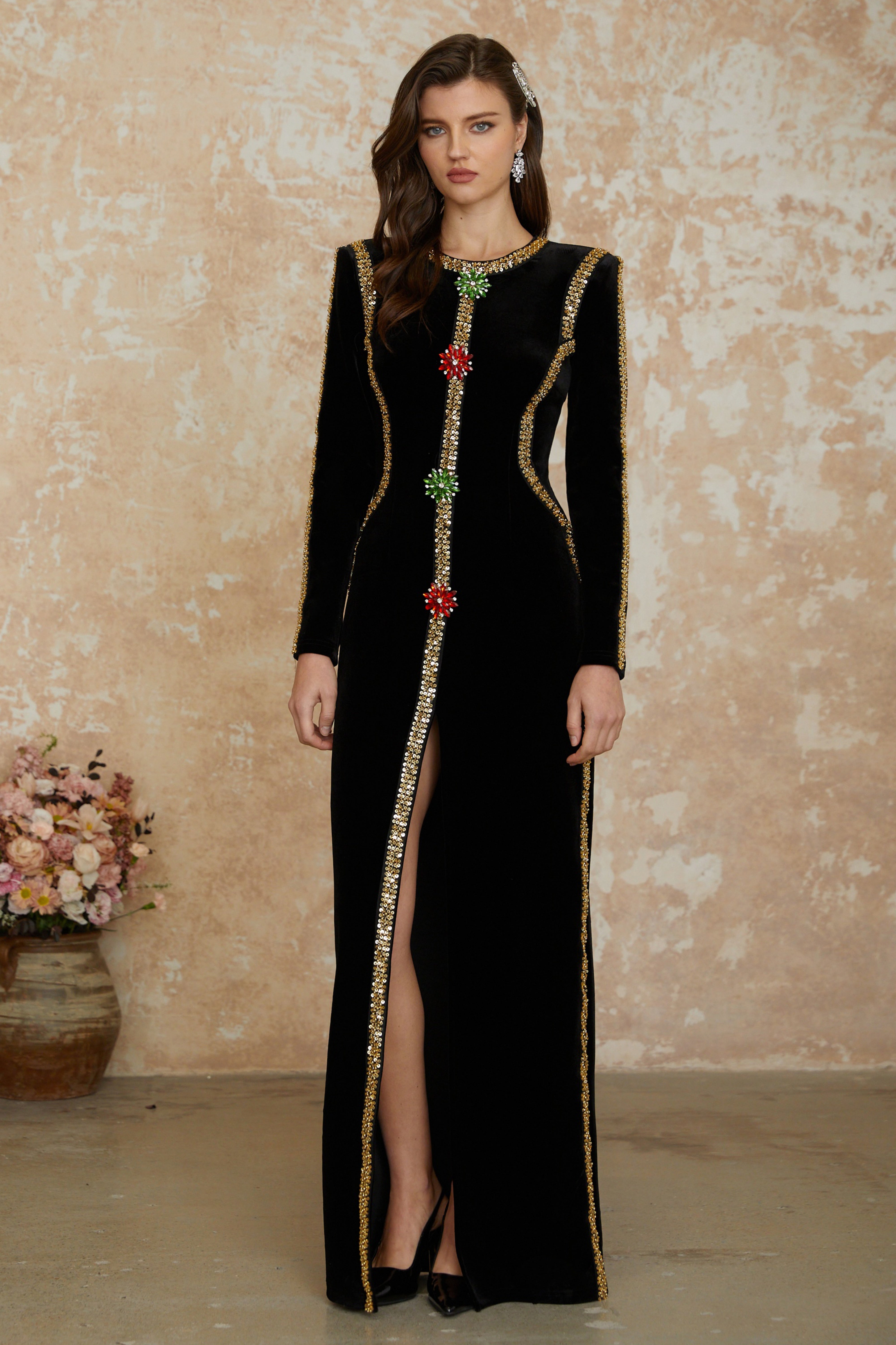 Jeweled black velvet maxi dress