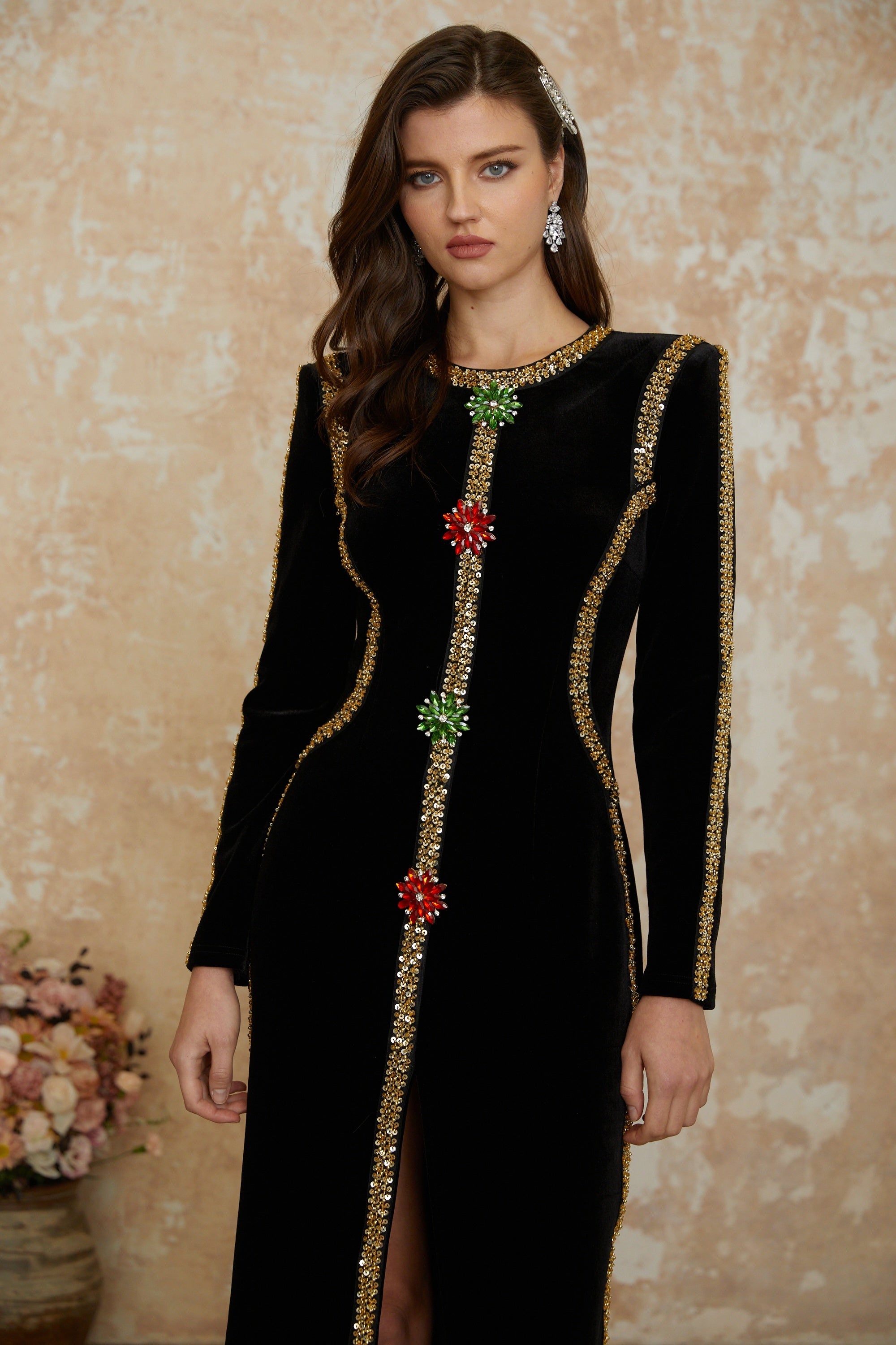 Jeweled black velvet maxi dress