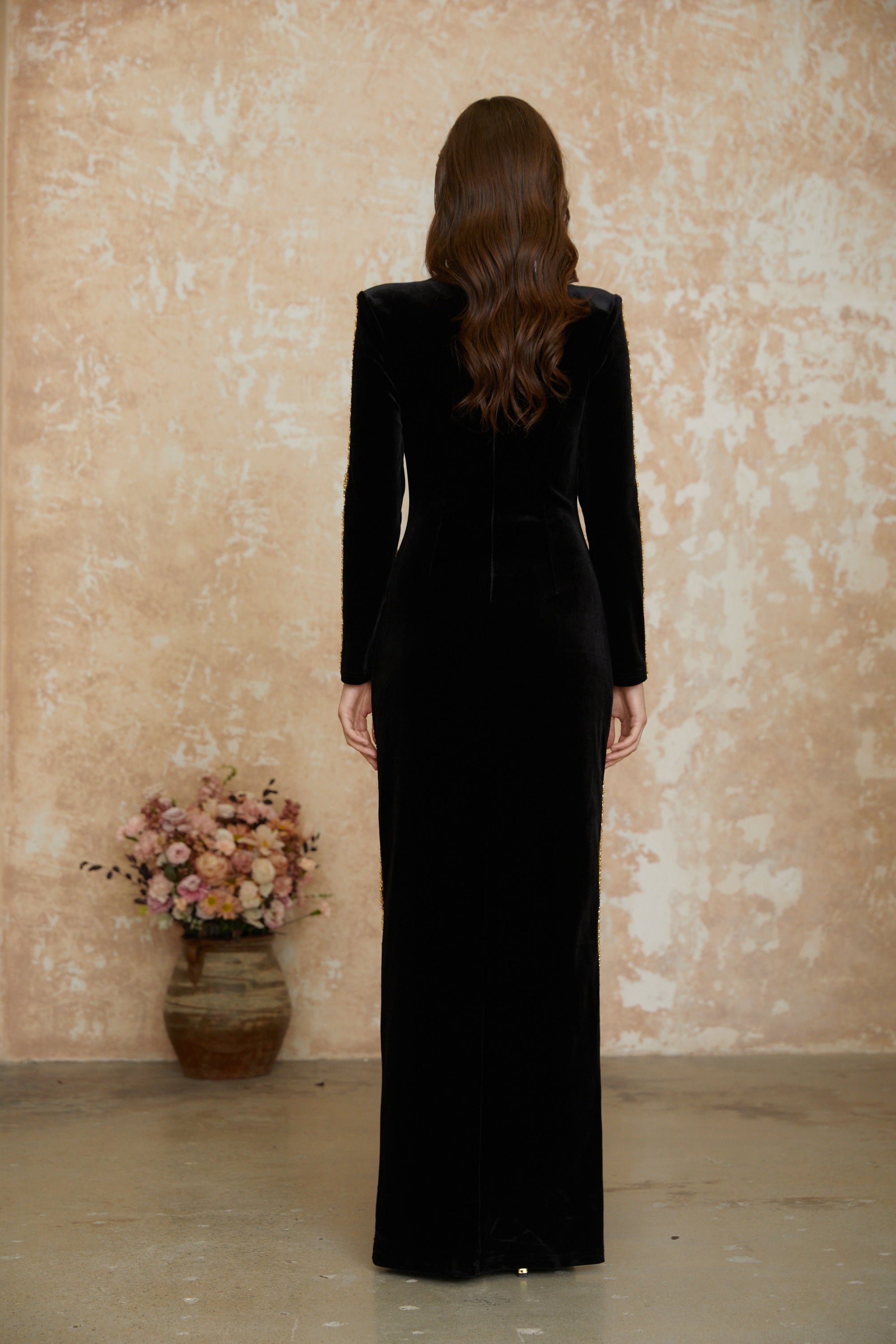 Jeweled black velvet maxi dress