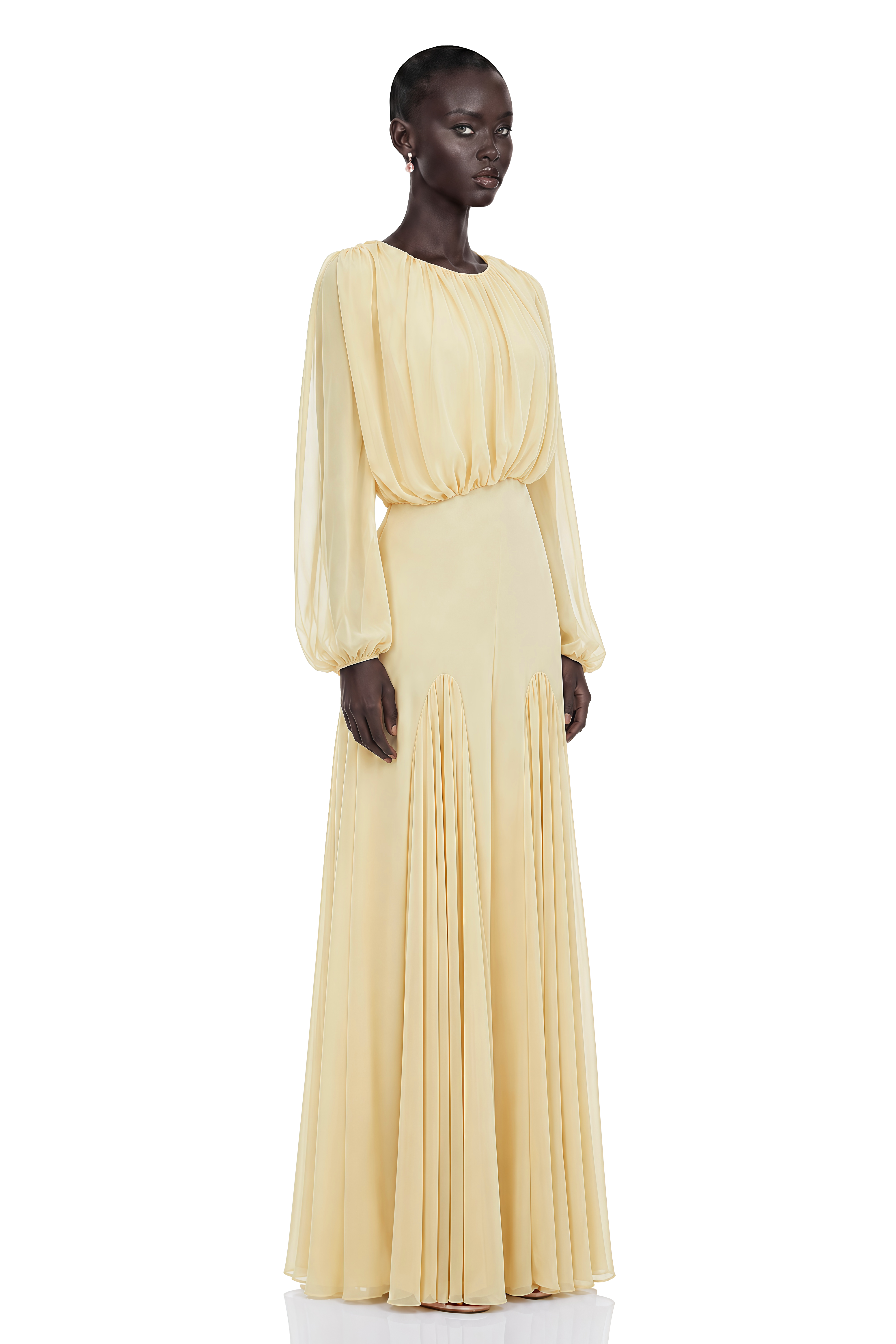 Annabelle Yellow Lantern Sleeve Pleated Maxi Dress