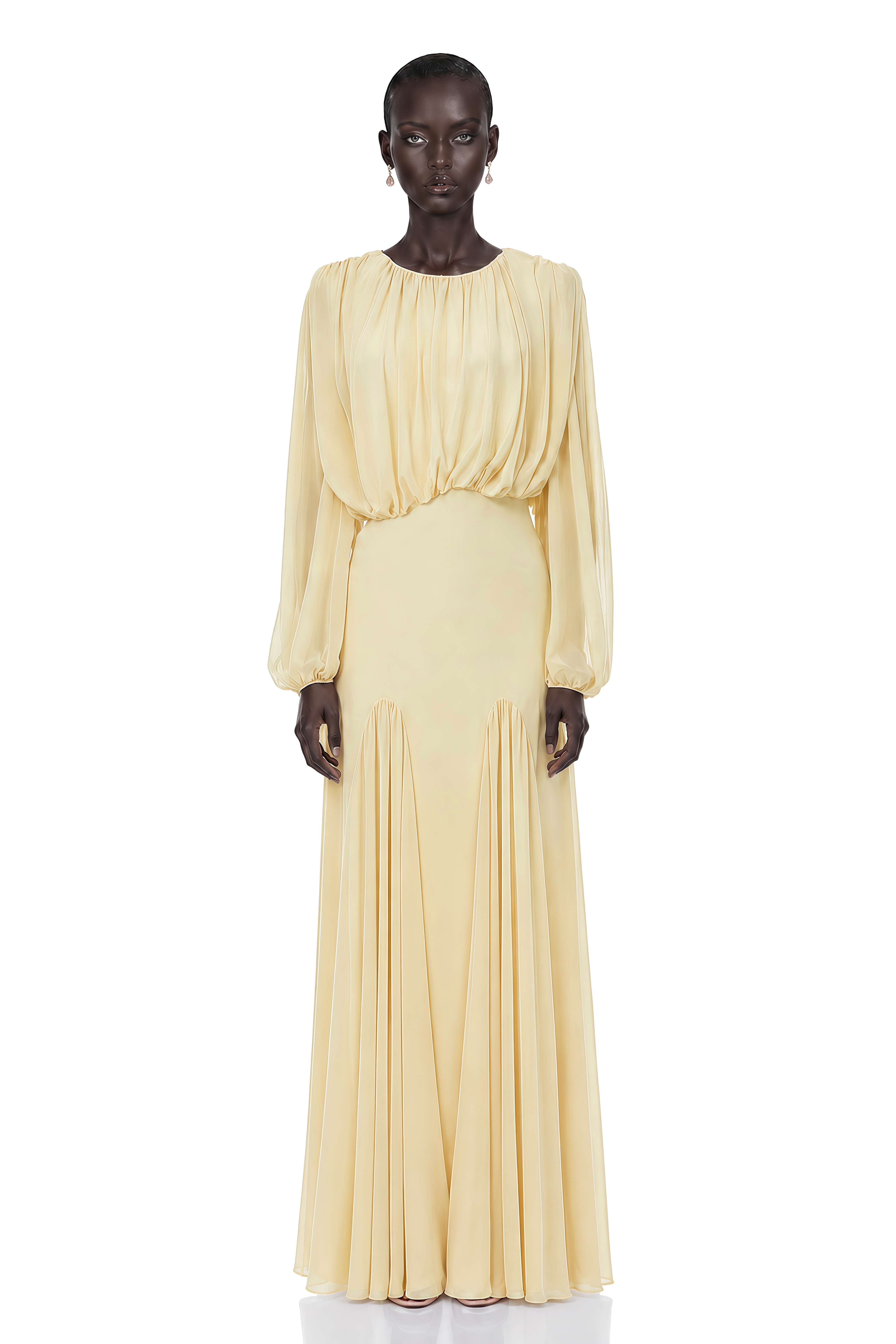 Annabelle Yellow Lantern Sleeve Pleated Maxi Dress