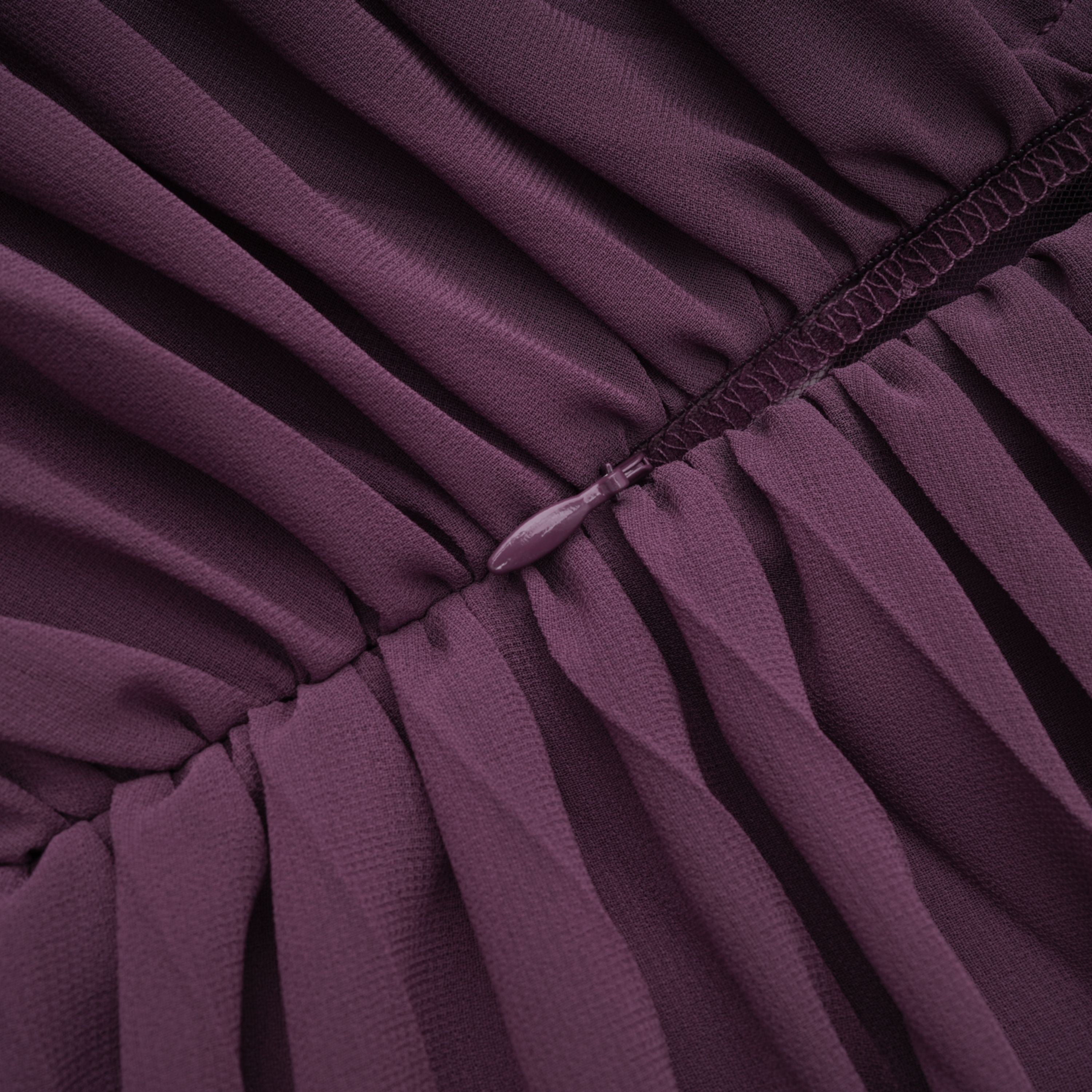 Purple Chiffon Pleated Maxi Dress with Choker Neck and Off-the-Shoulder Sleeves