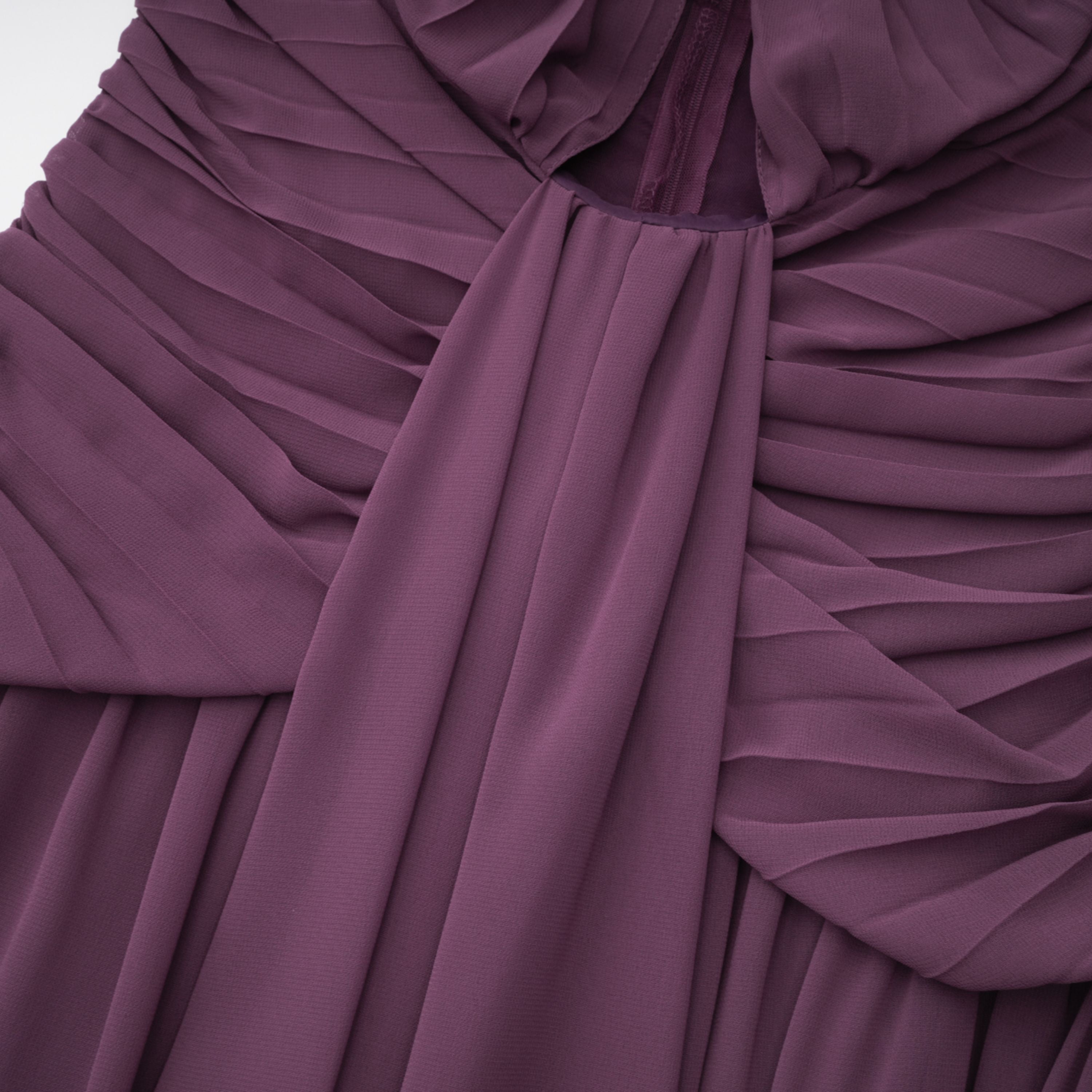 Purple Chiffon Pleated Maxi Dress with Choker Neck and Off-the-Shoulder Sleeves