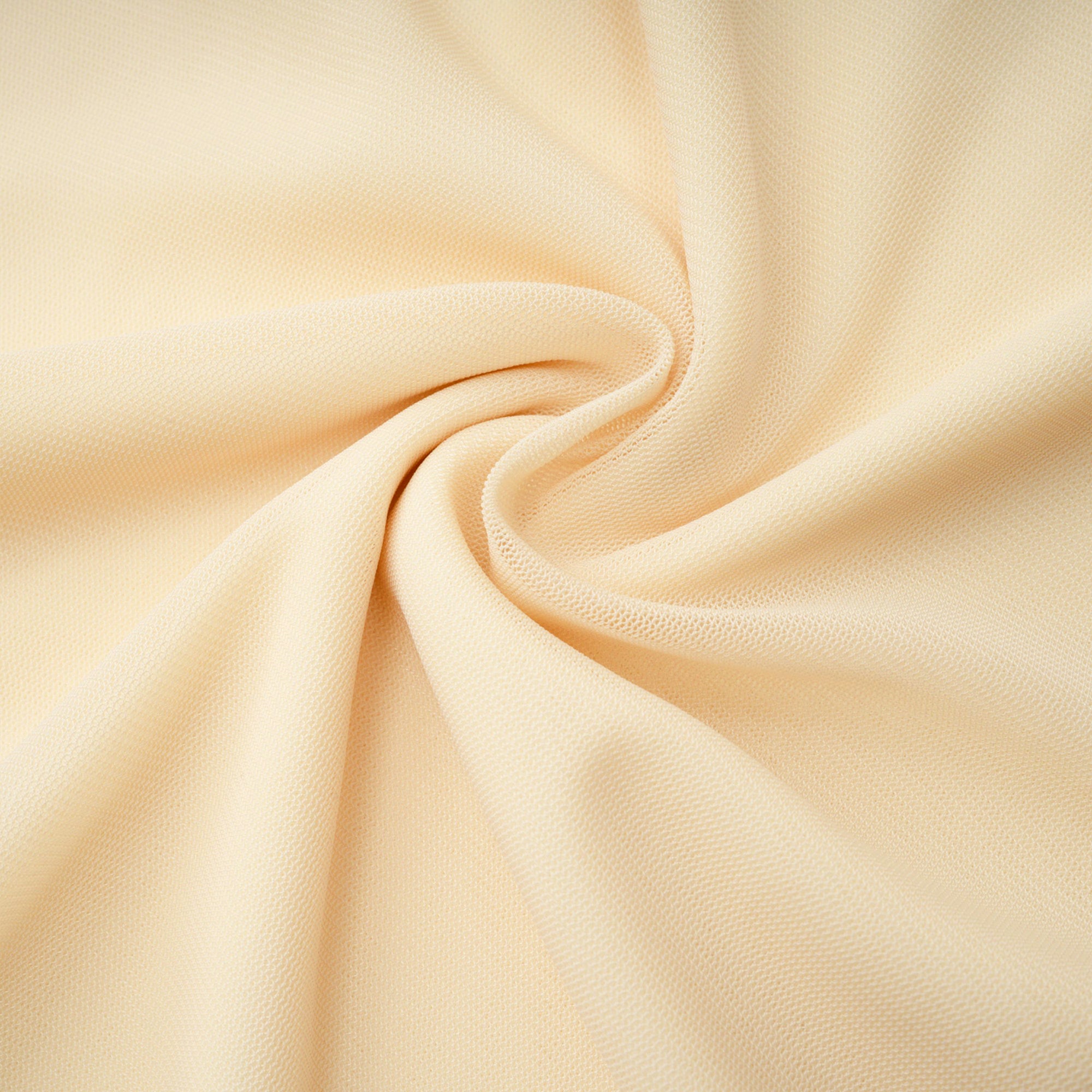 Pale yellow maxi dress with a ruched bodice, high round neckline, and long bishop sleeves