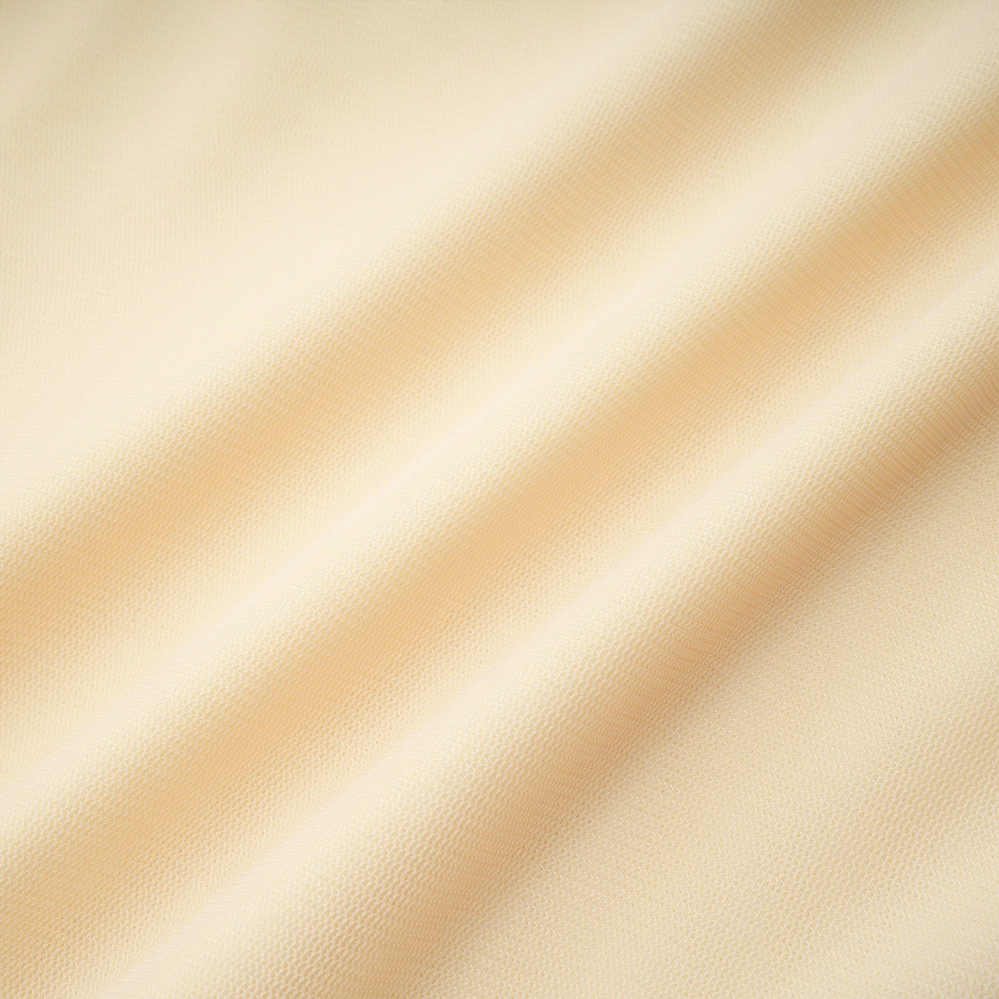 Pale yellow maxi dress with a ruched bodice, high round neckline, and long bishop sleeves