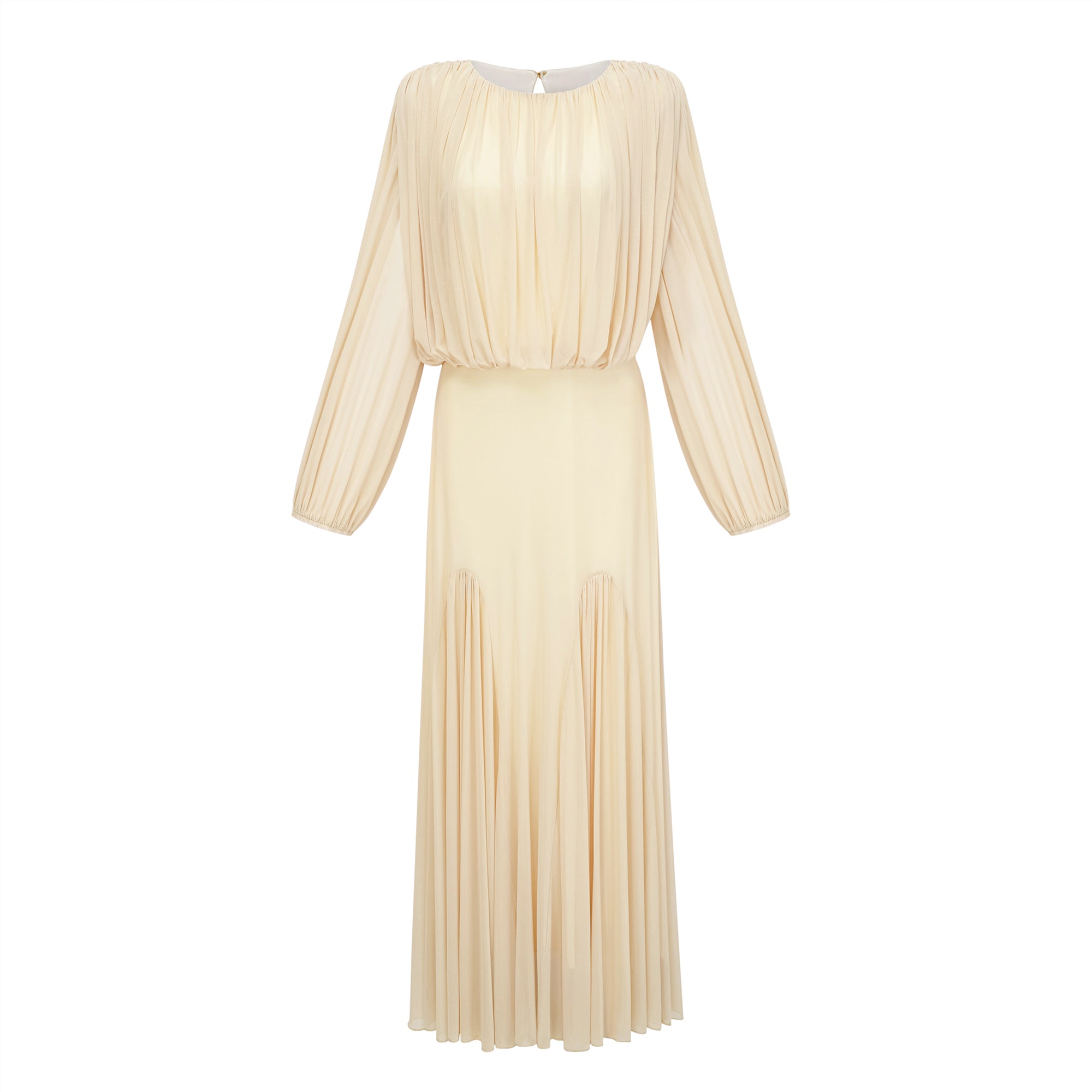 Pale yellow maxi dress with a ruched bodice, high round neckline, and long bishop sleeves