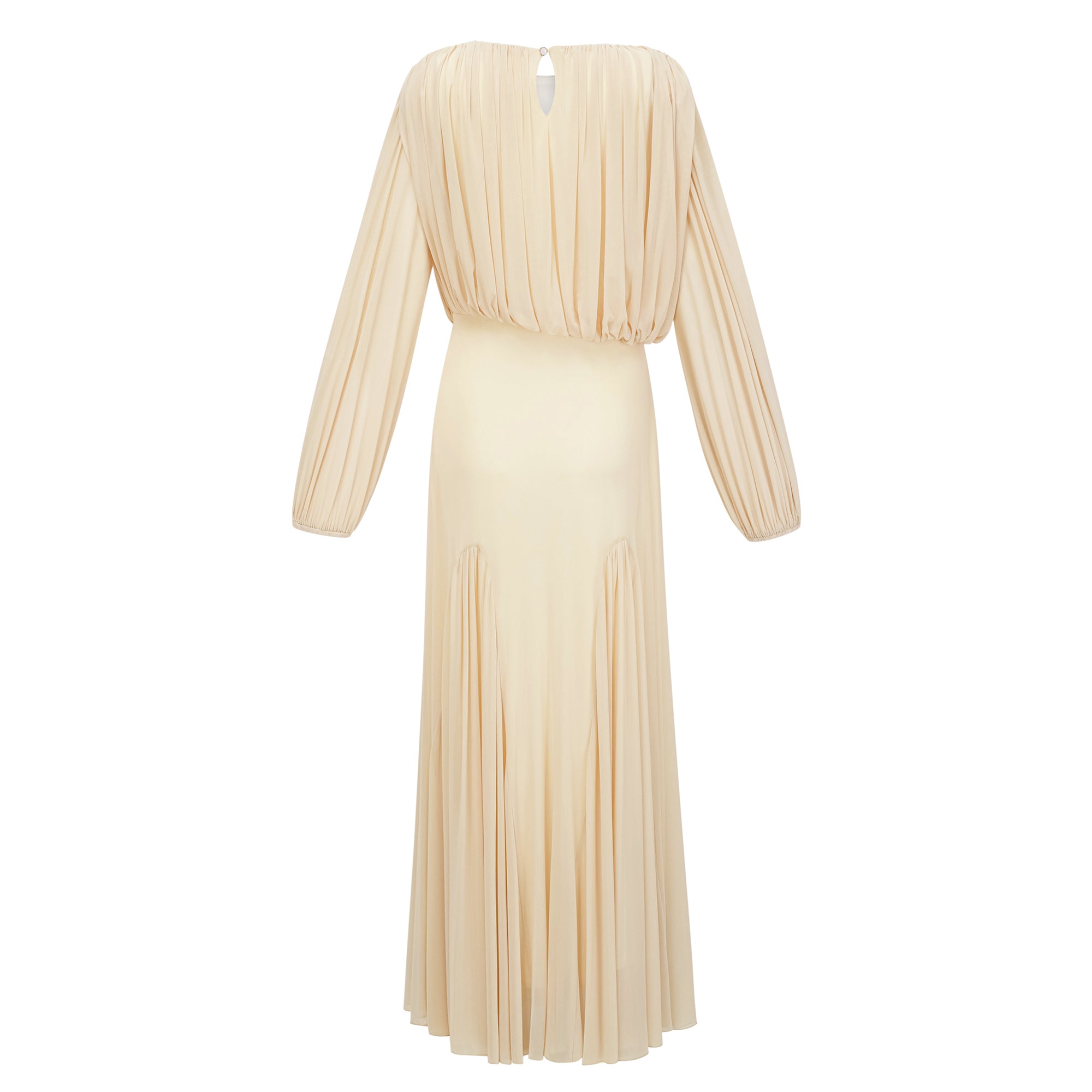 Pale yellow maxi dress with a ruched bodice, high round neckline, and long bishop sleeves