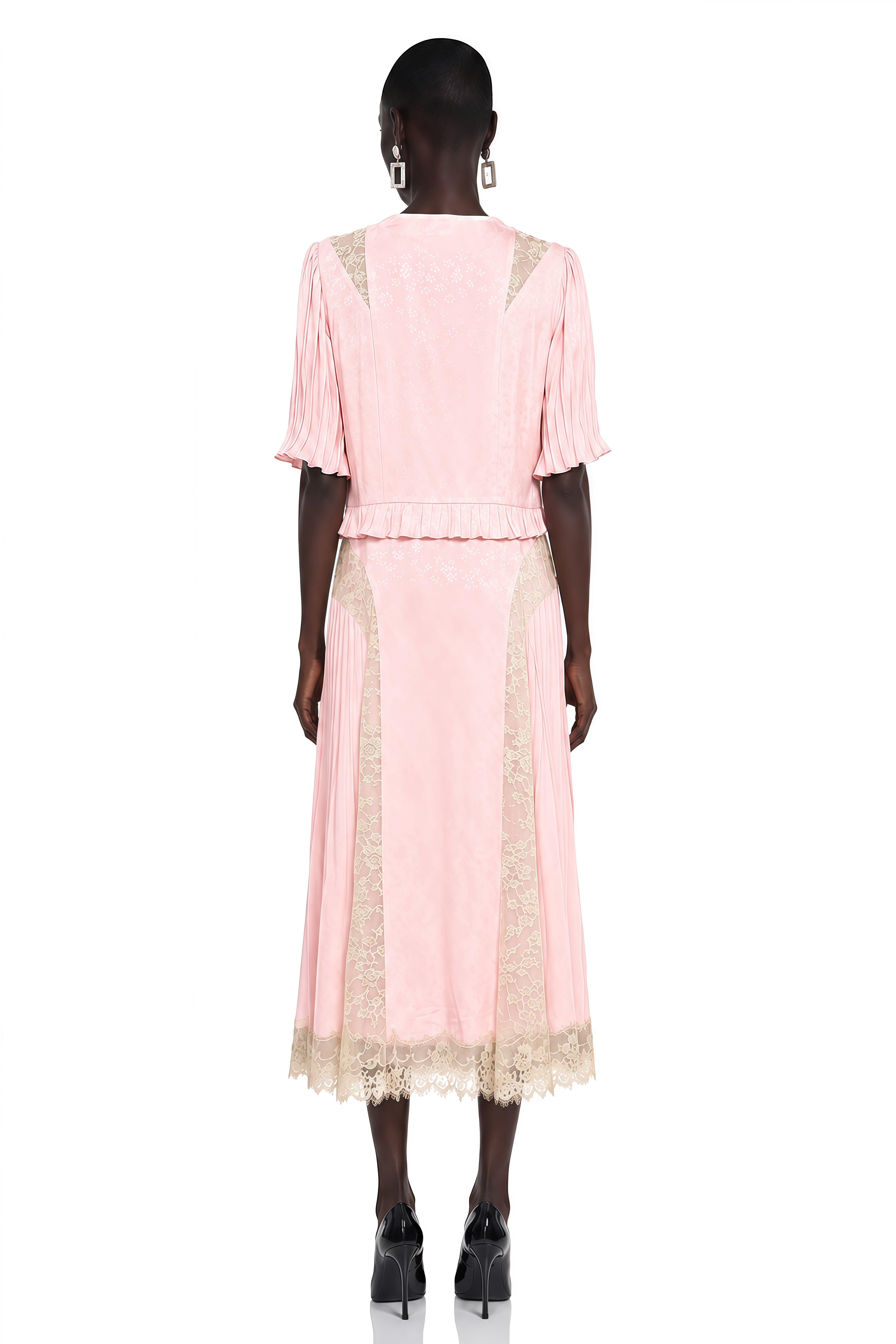 Annabeth Pink V-Neck Midi Dress with Lace Panels