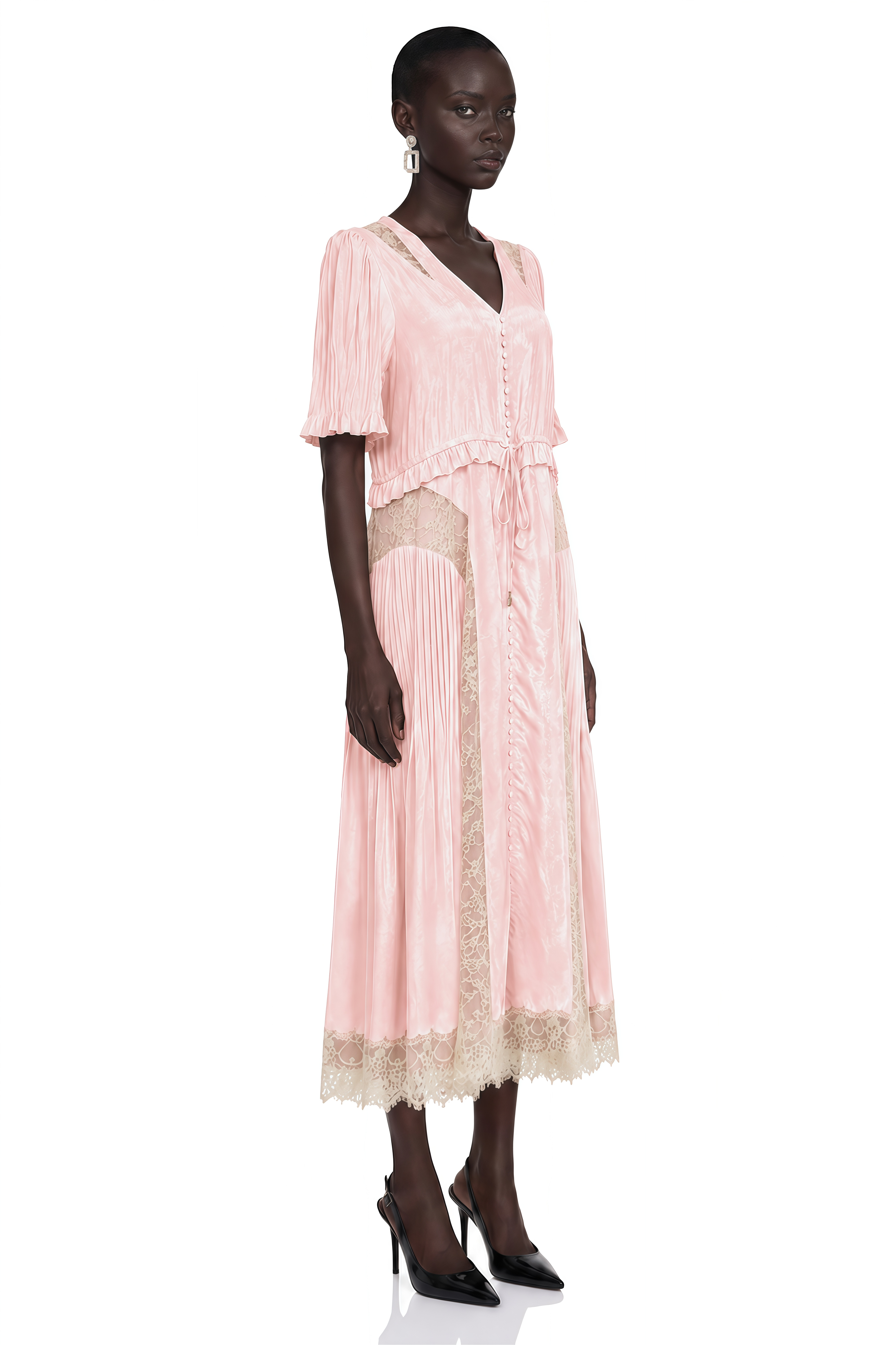 Annabeth Pink V-Neck Midi Dress with Lace Panels