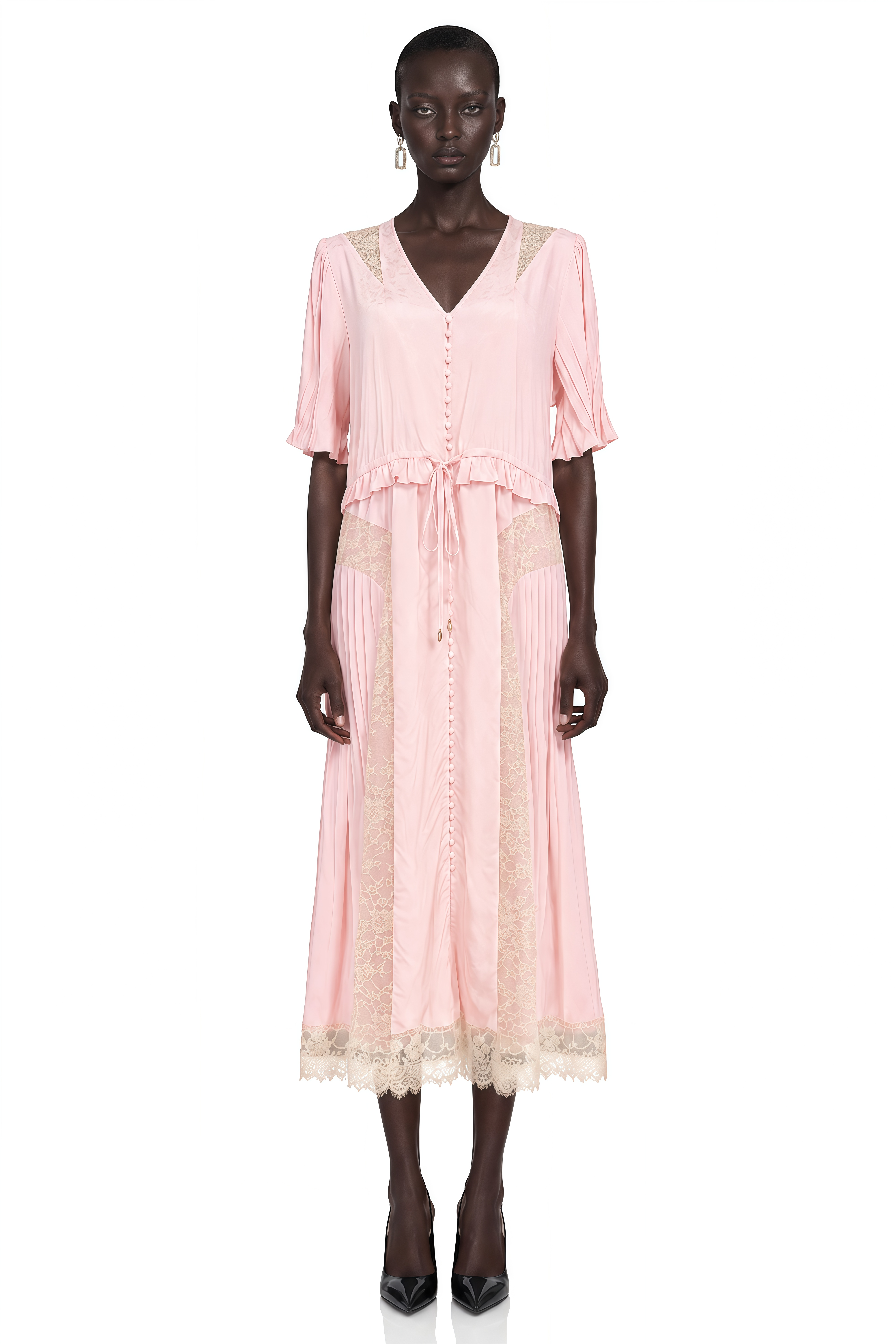 Annabeth Pink V-Neck Midi Dress with Lace Panels