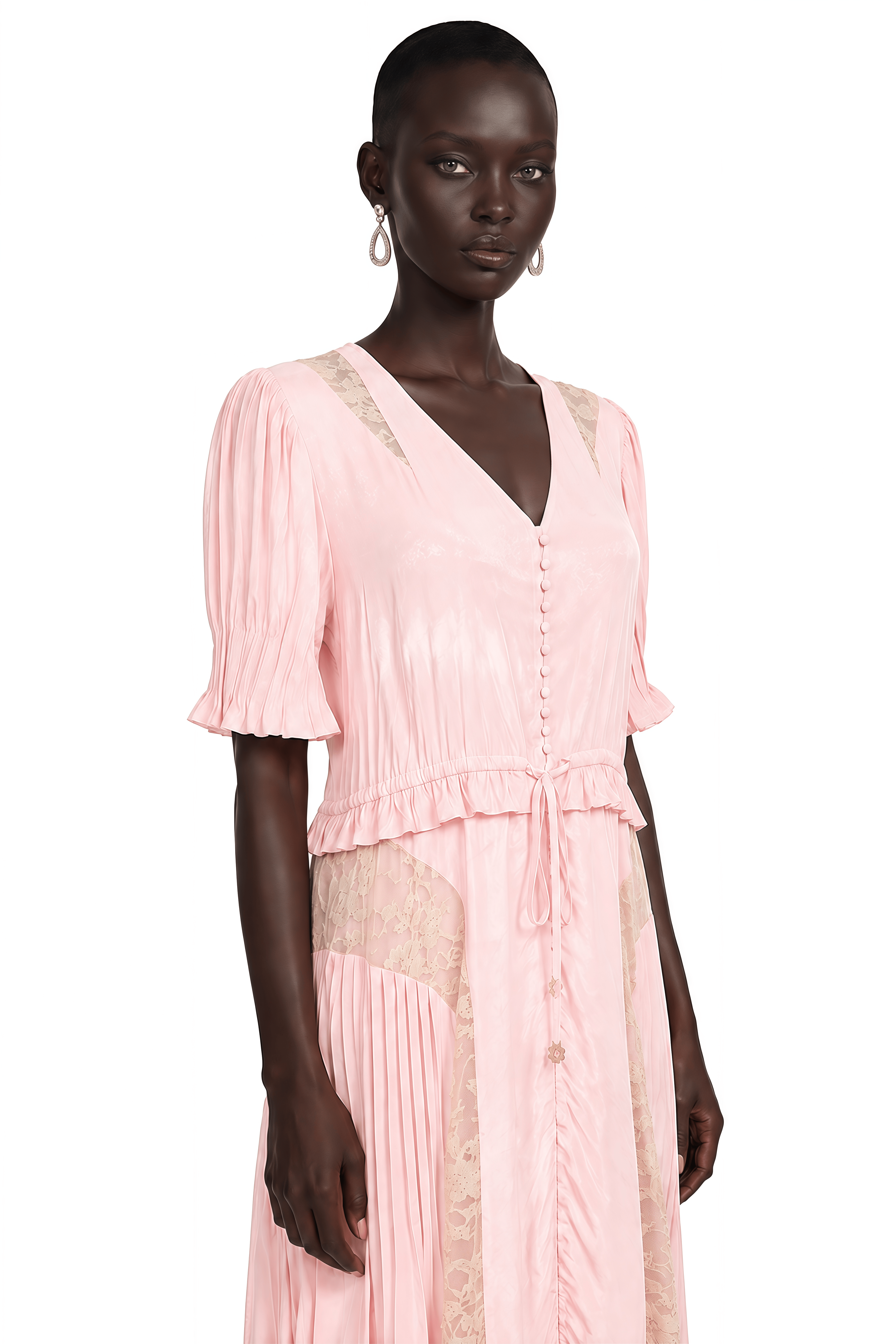 Annabeth Pink V-Neck Midi Dress with Lace Panels