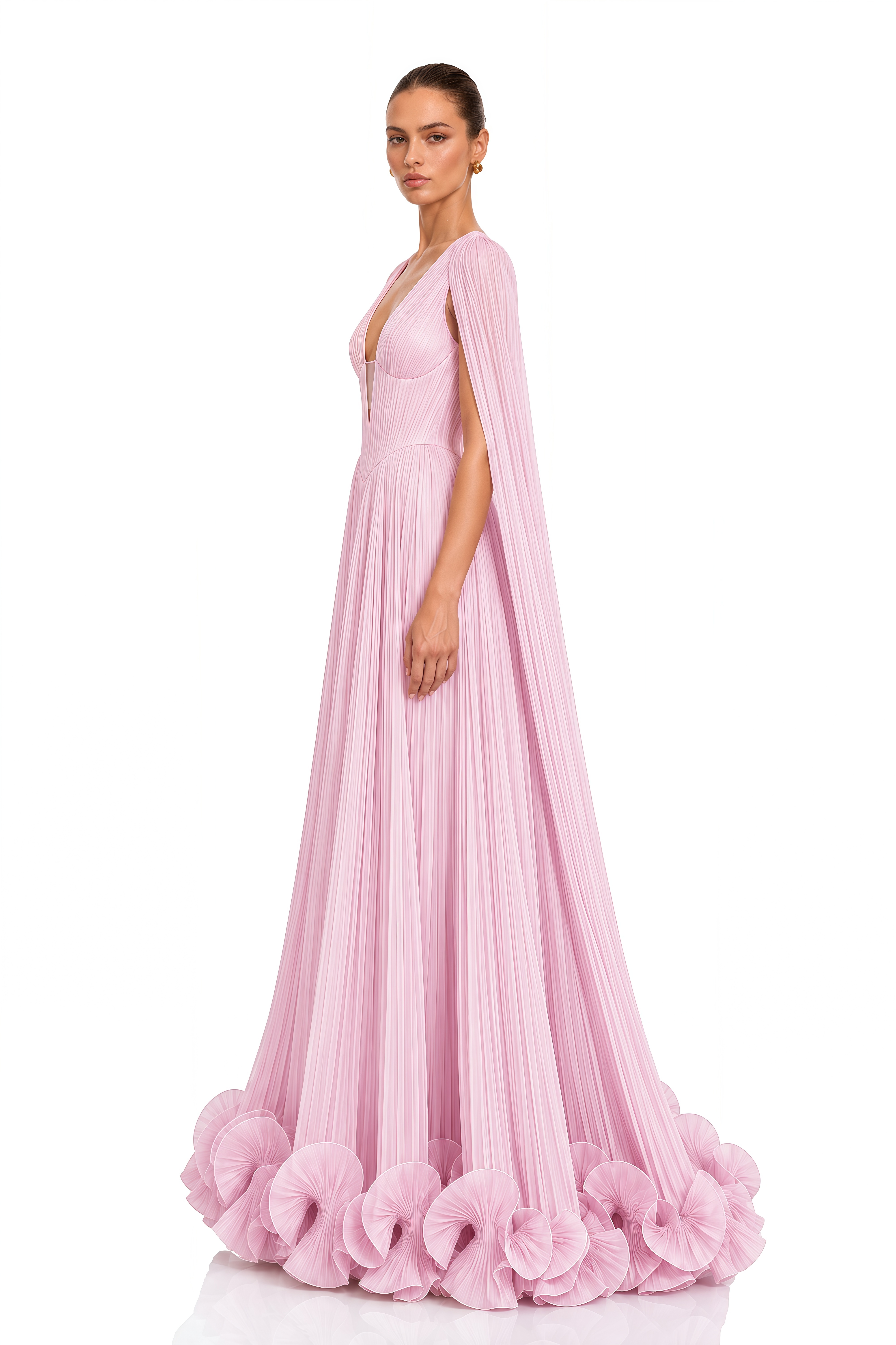 Anneliese Pink Pleated Cape Sleeve Ruffle Maxi Dress