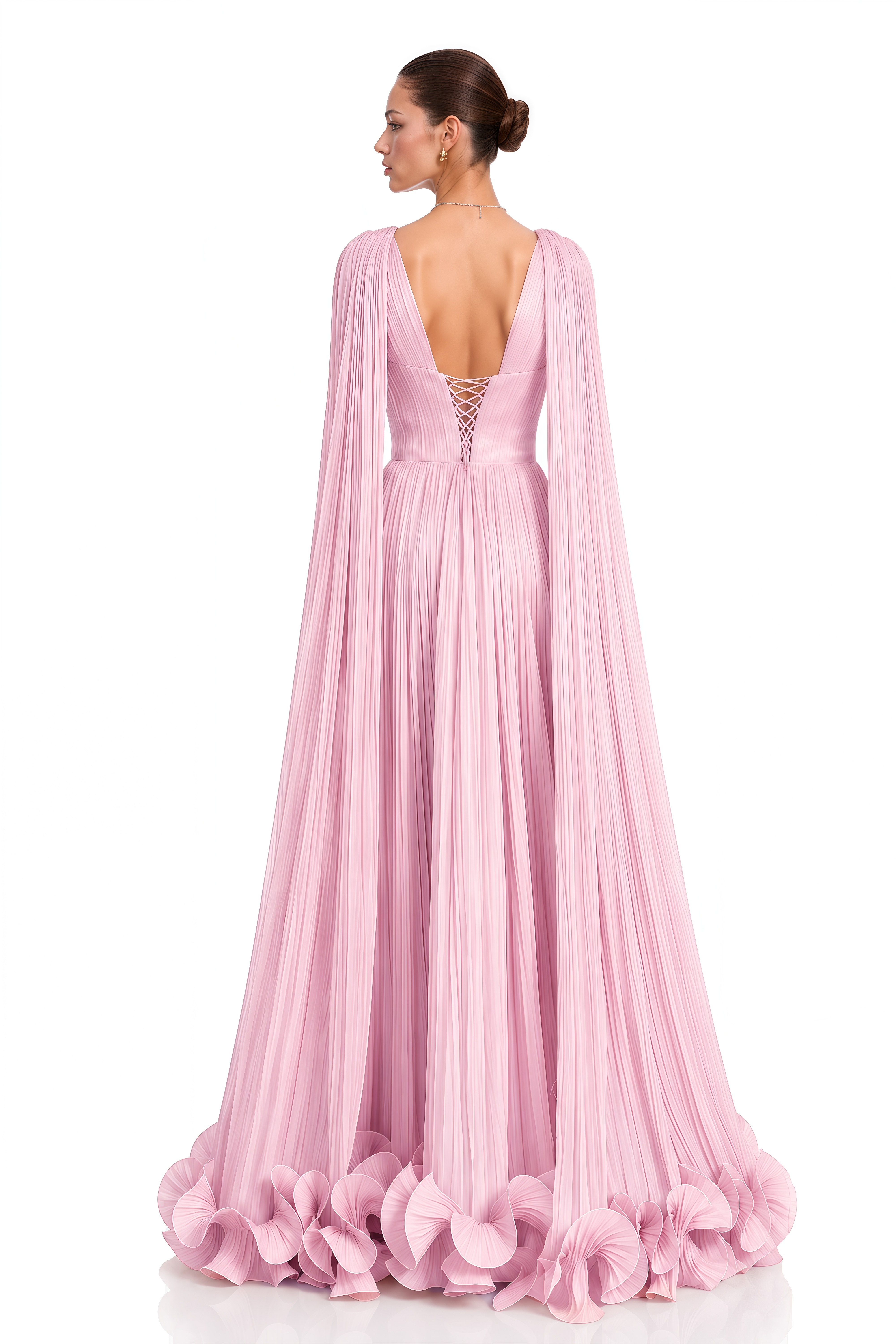 Anneliese Pink Pleated Cape Sleeve Ruffle Maxi Dress