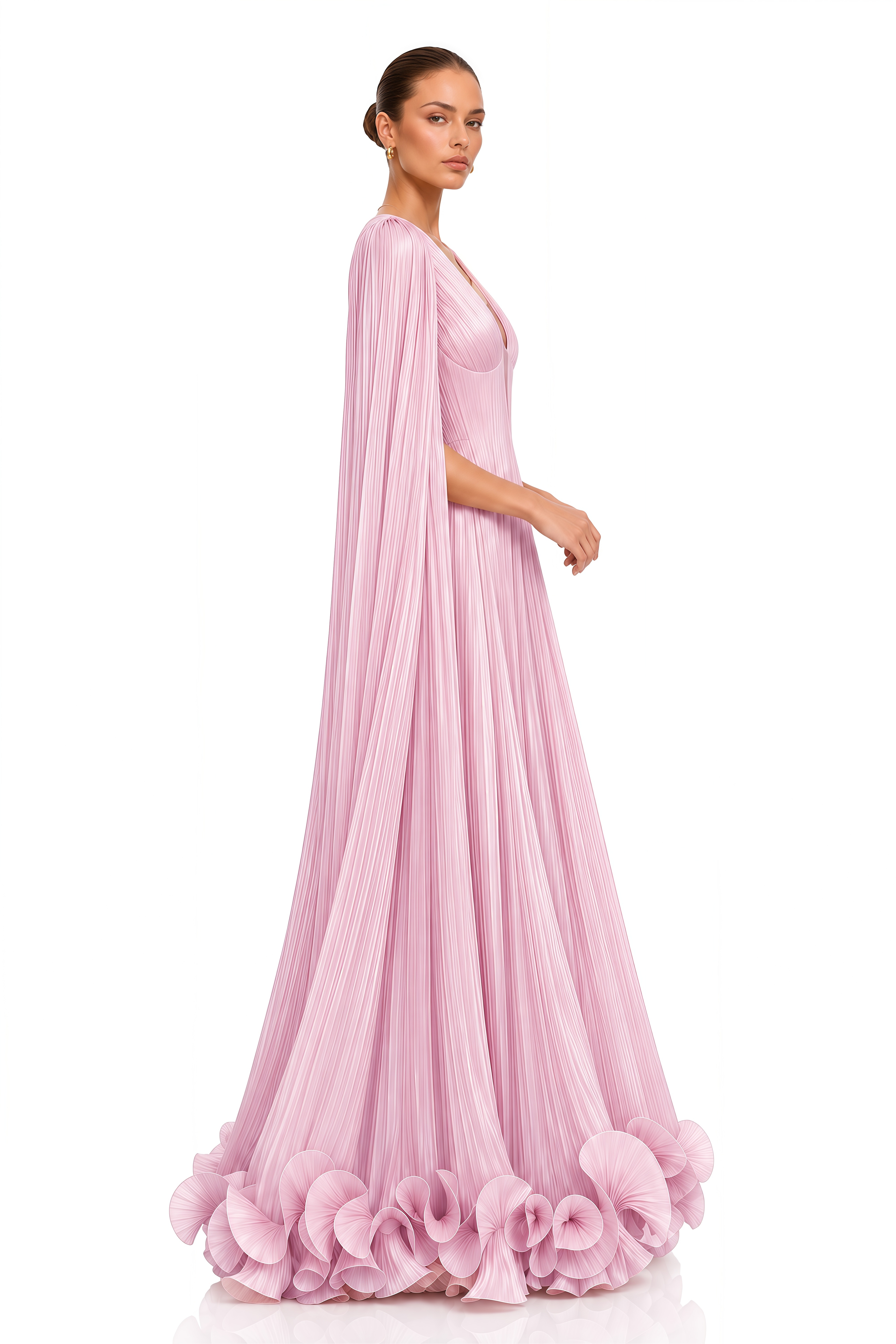 Anneliese Pink Pleated Cape Sleeve Ruffle Maxi Dress