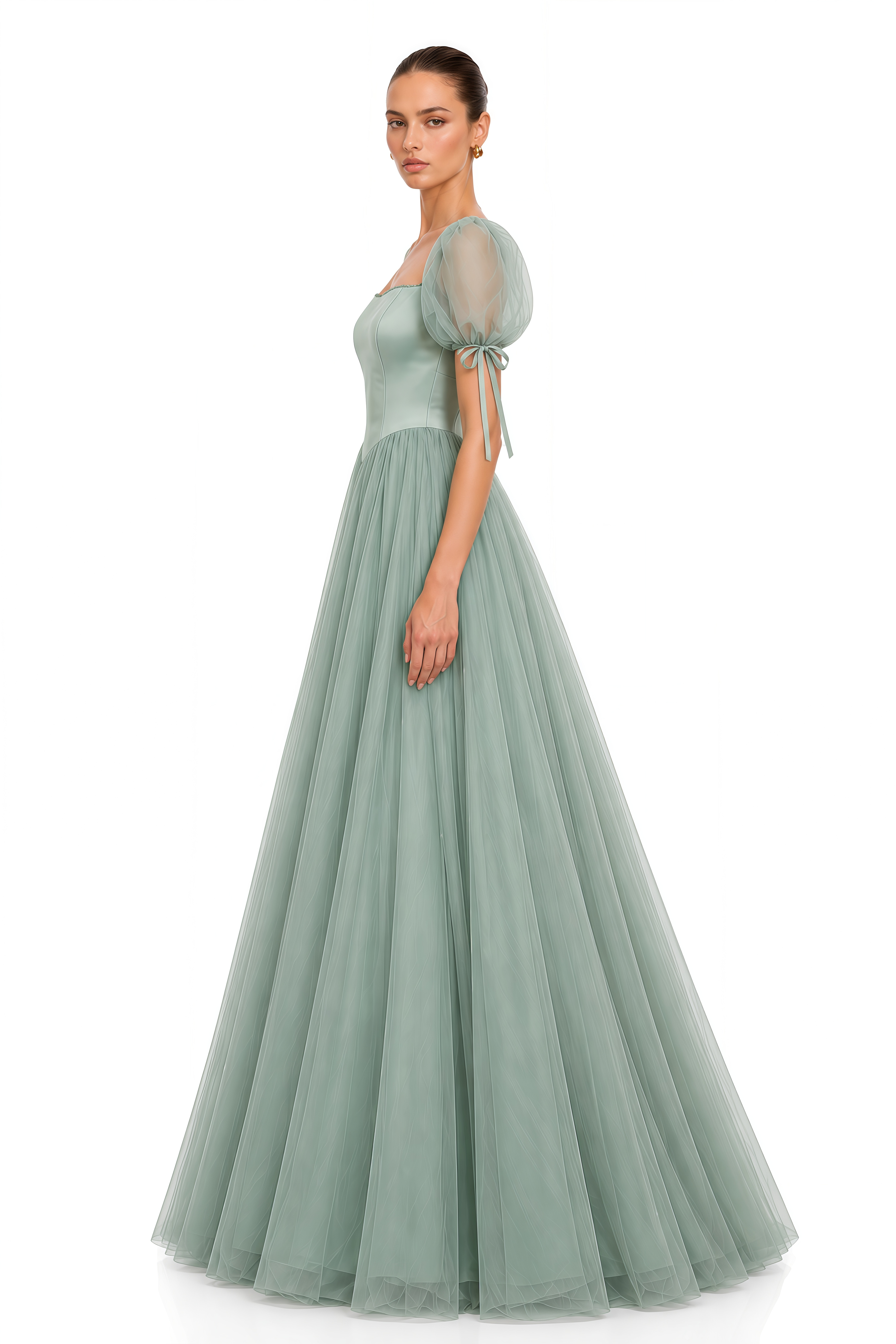 Anneliese Sage Green Puff Sleeve Corset Tulle Maxi Dress