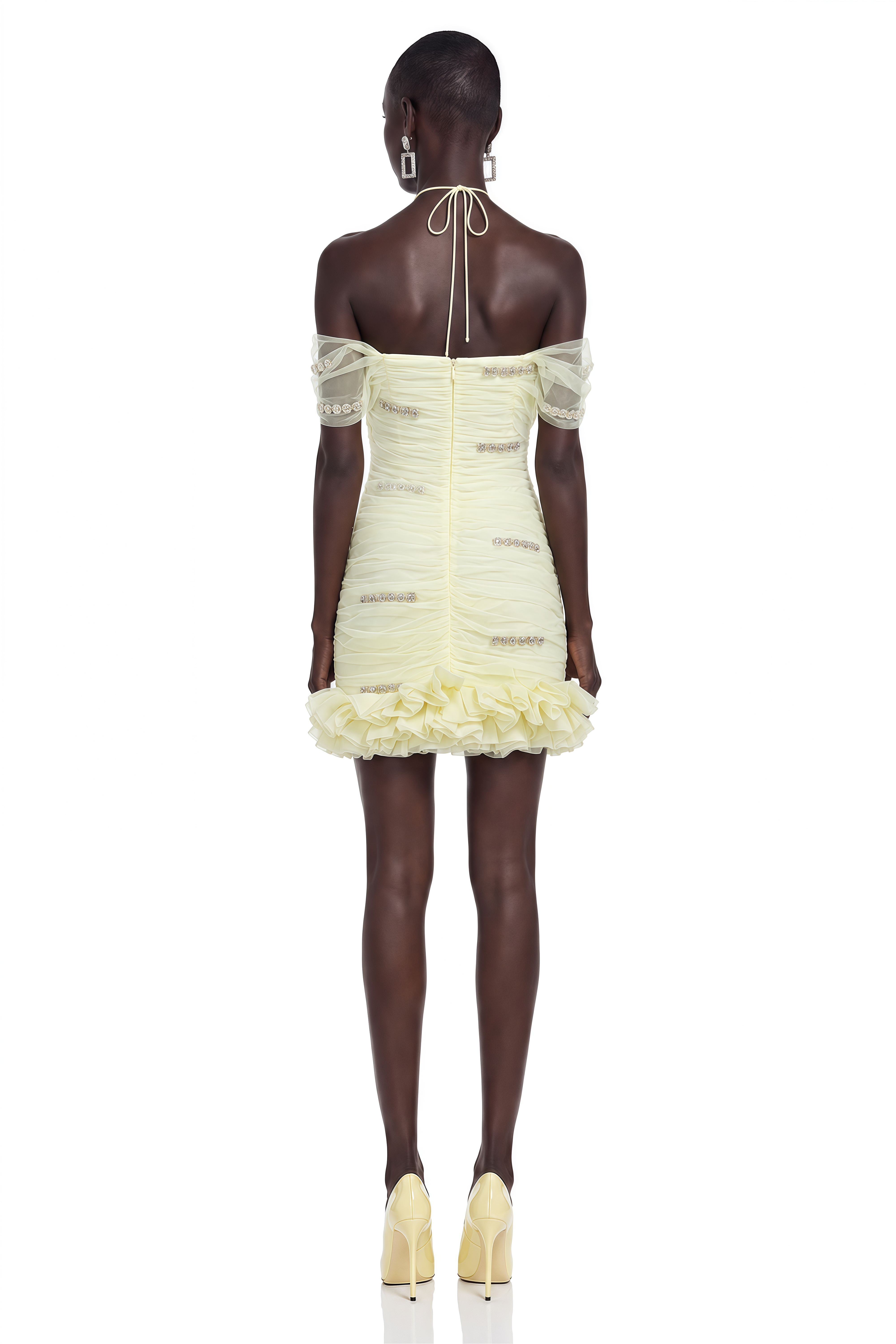 Annelise Yellow Off-Shoulder Ruched Ruffled Mini Dress