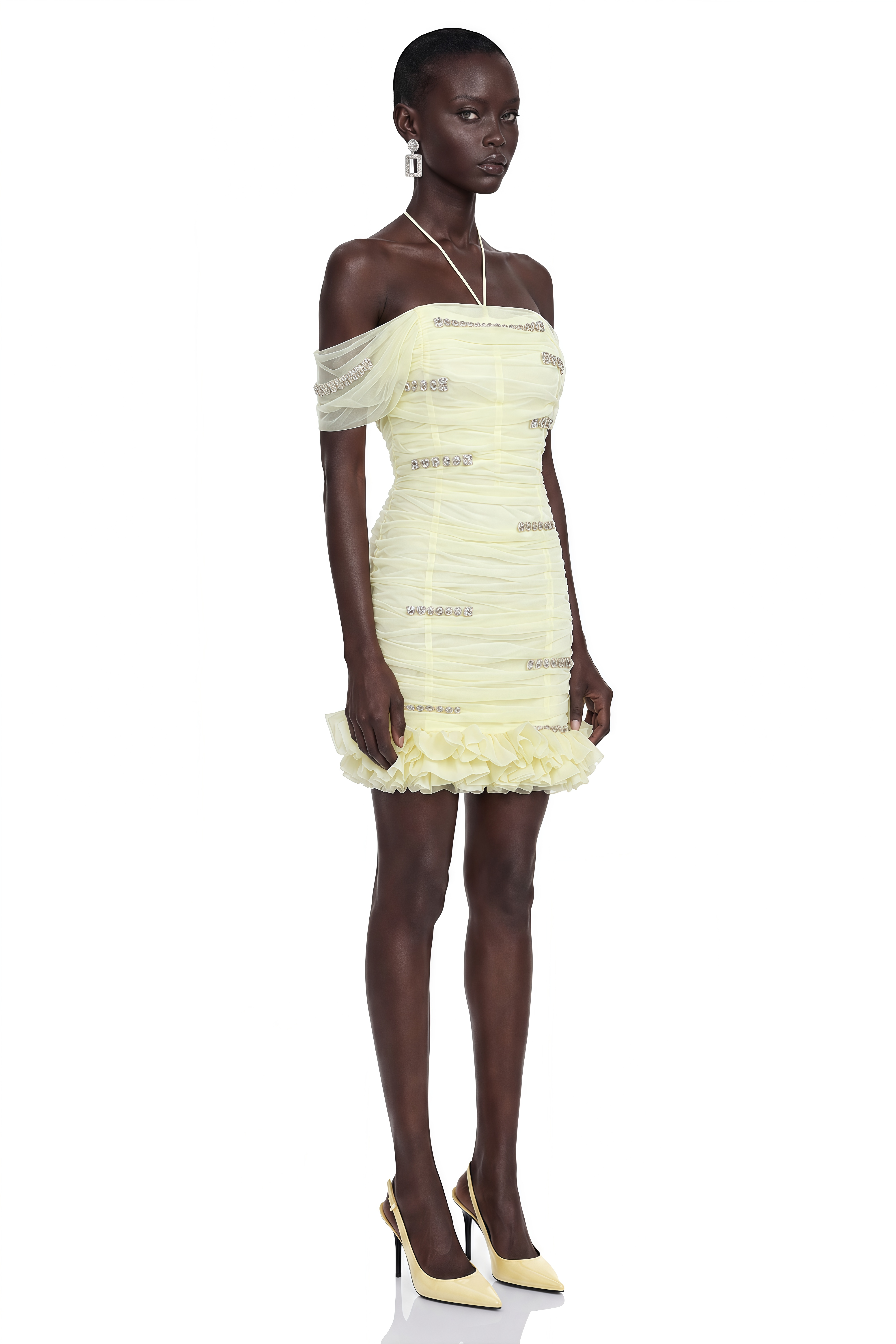 Annelise Yellow Off-Shoulder Ruched Ruffled Mini Dress