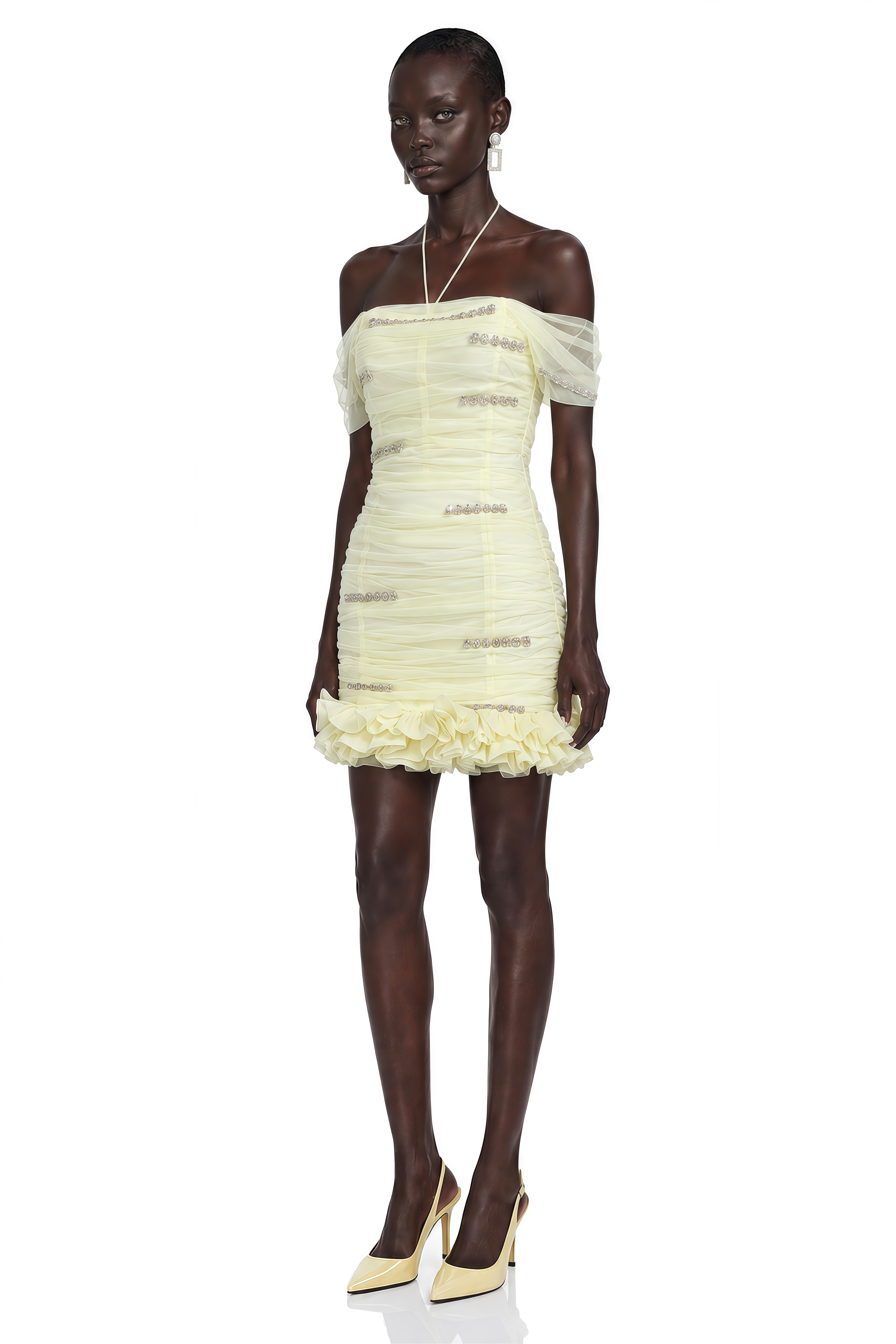Annelise Yellow Off-Shoulder Ruched Ruffled Mini Dress