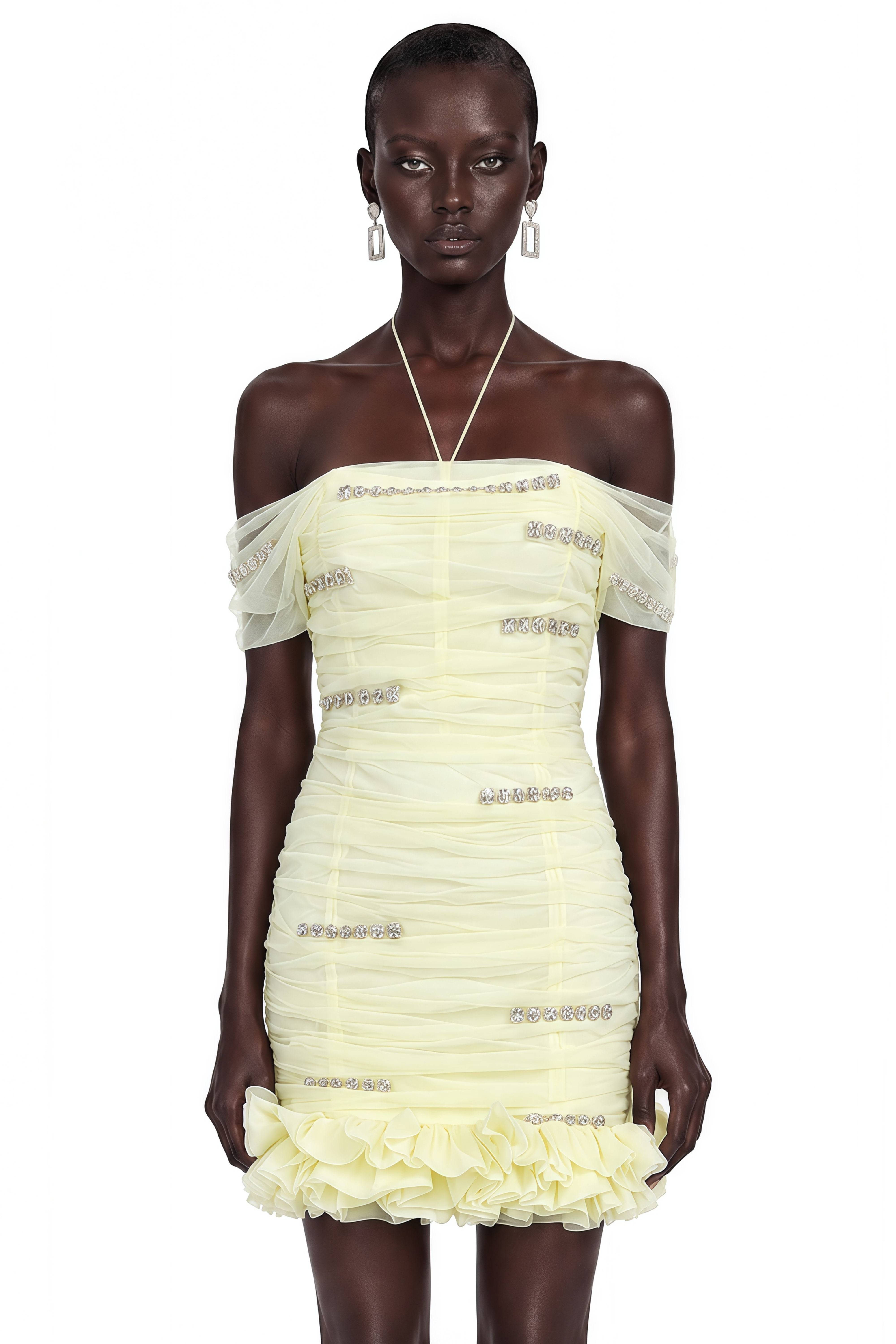 Annelise Yellow Off-Shoulder Ruched Ruffled Mini Dress