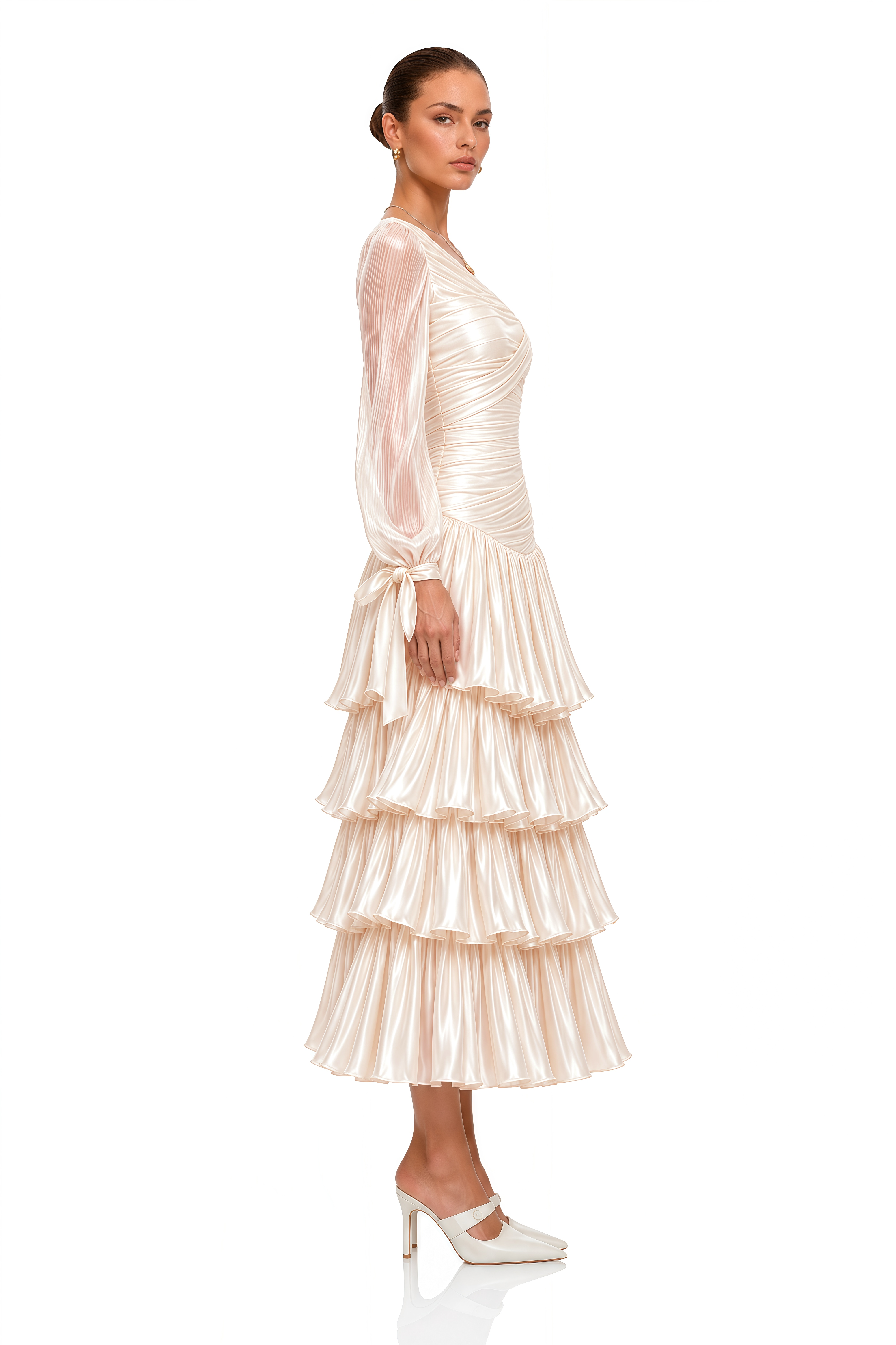 Annette Neutral Off-Shoulder Ruched Tiered Midi Dress