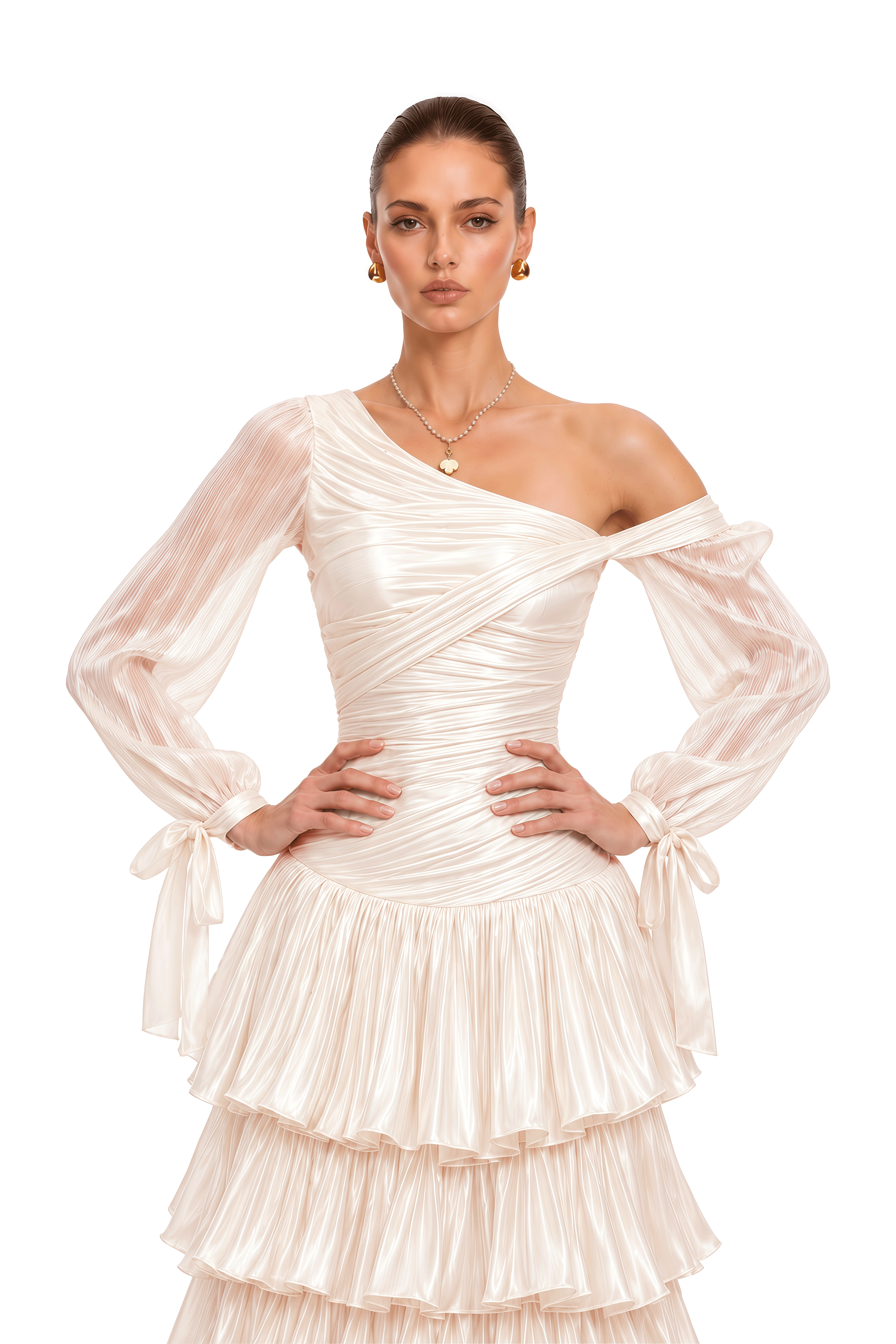 Annette Neutral Off-Shoulder Ruched Tiered Midi Dress