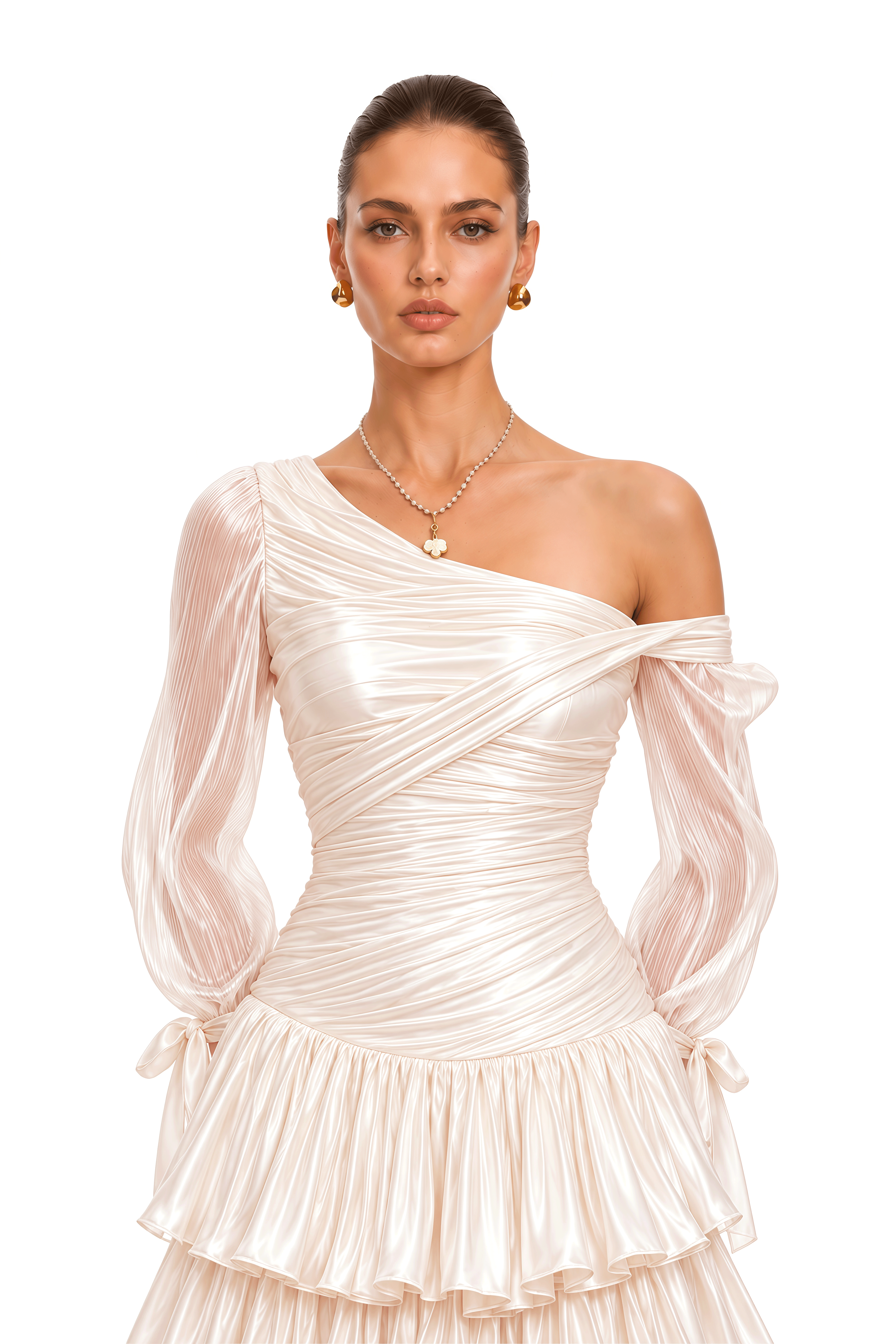 Annette Neutral Off-Shoulder Ruched Tiered Midi Dress
