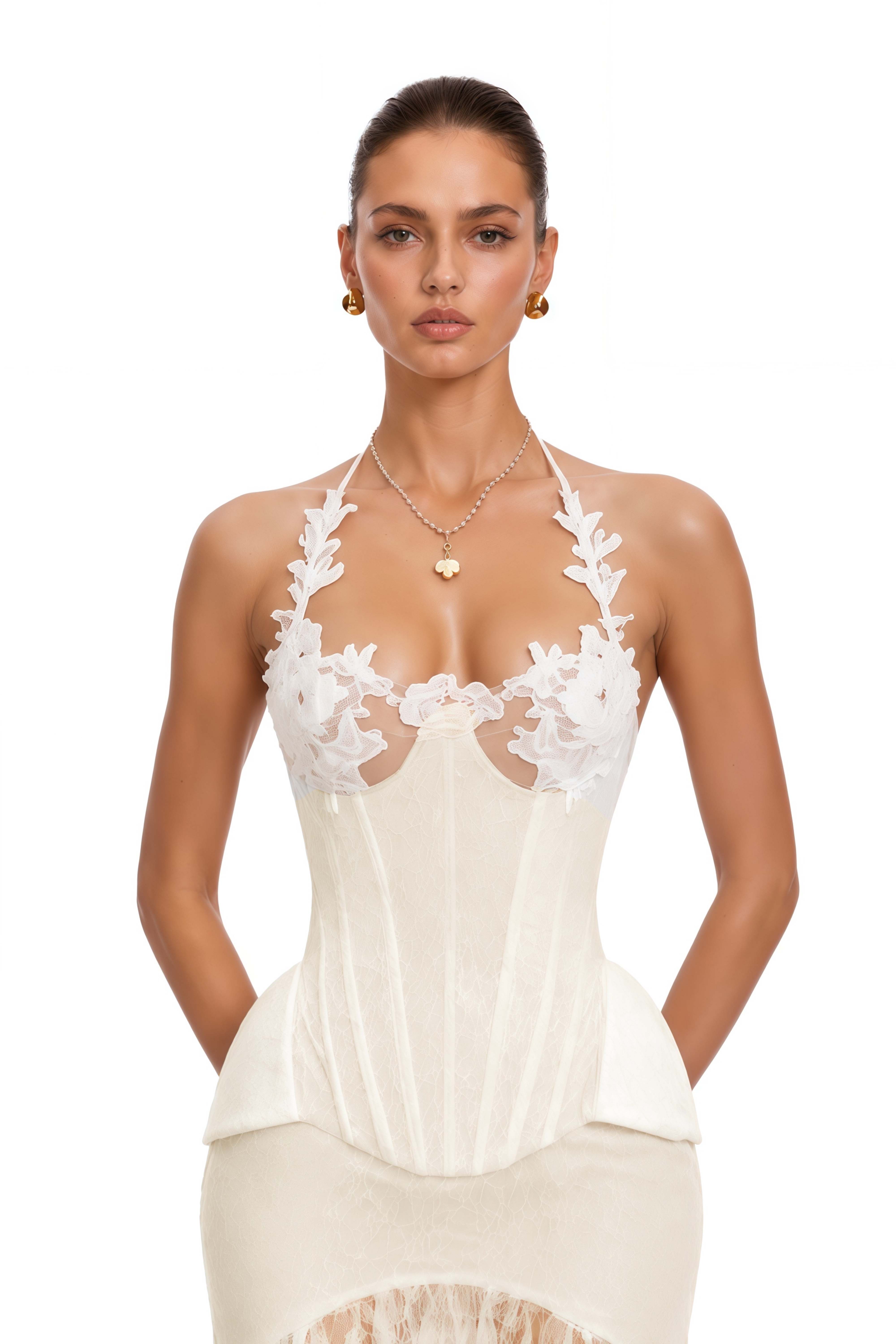 Annette White Halterneck Lace Ruffled Maxi Dress
