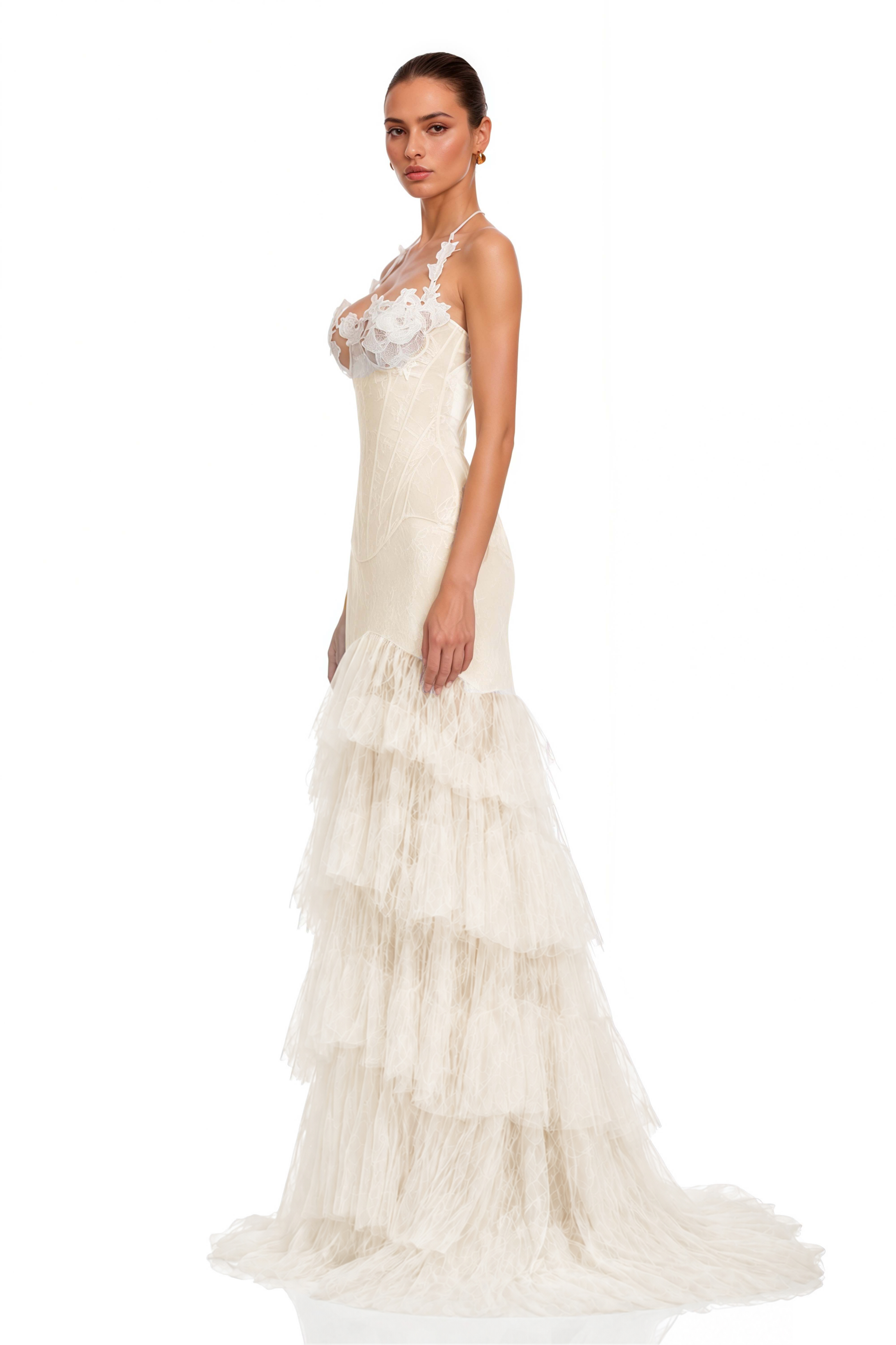 Annette White Halterneck Lace Ruffled Maxi Dress