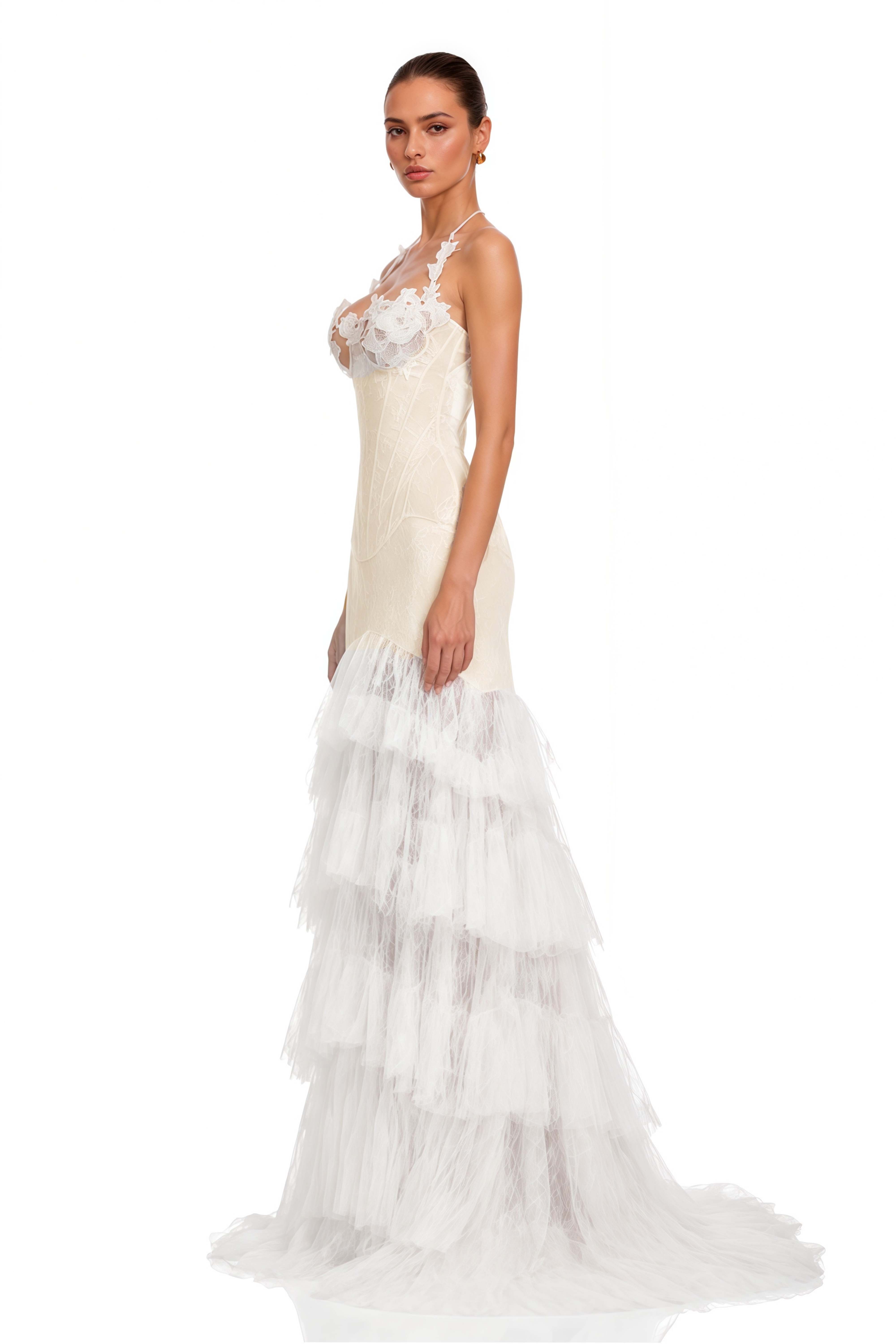 Annette White Halterneck Lace Ruffled Maxi Dress