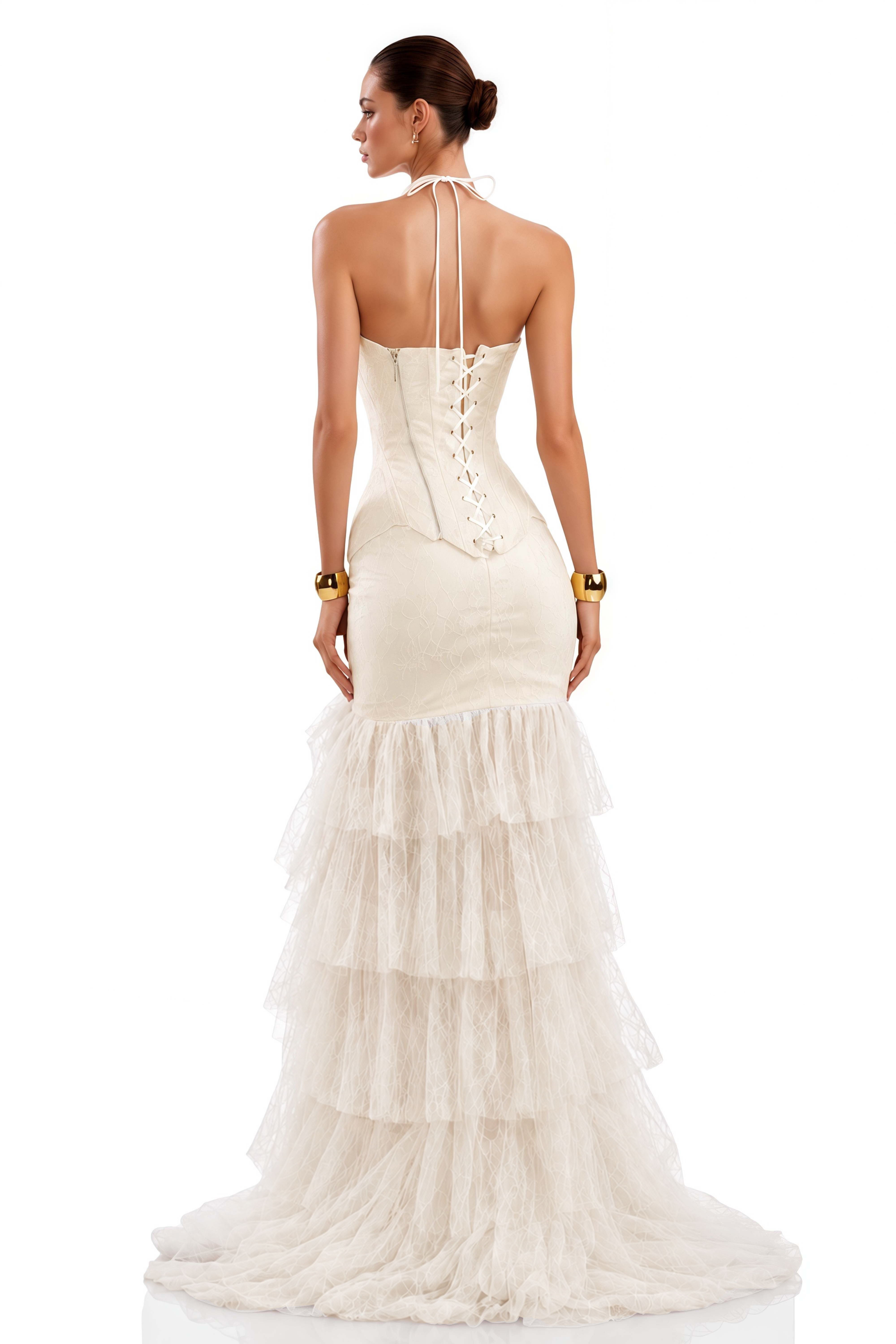 Annette White Halterneck Lace Ruffled Maxi Dress