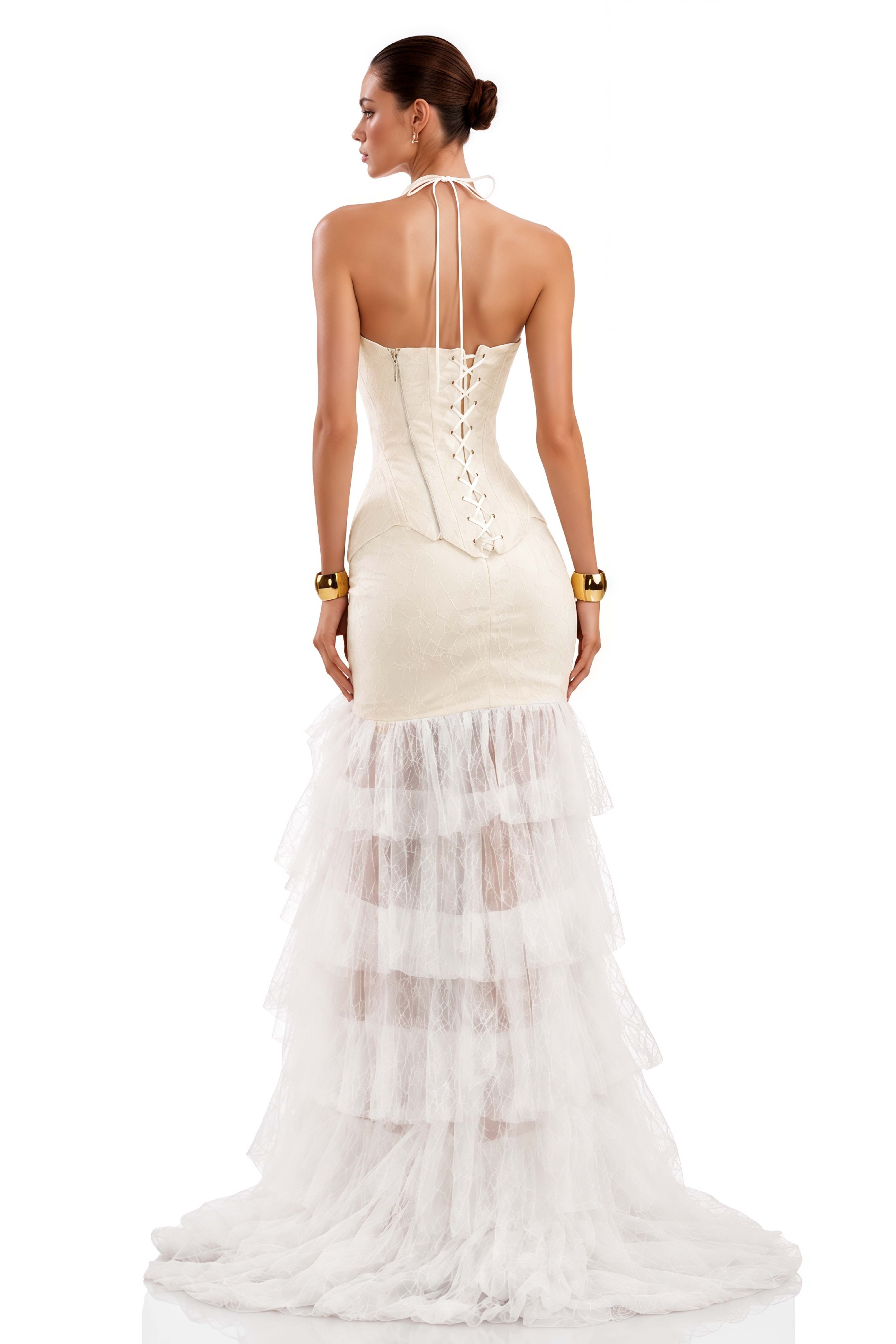 Annette White Halterneck Lace Ruffled Maxi Dress
