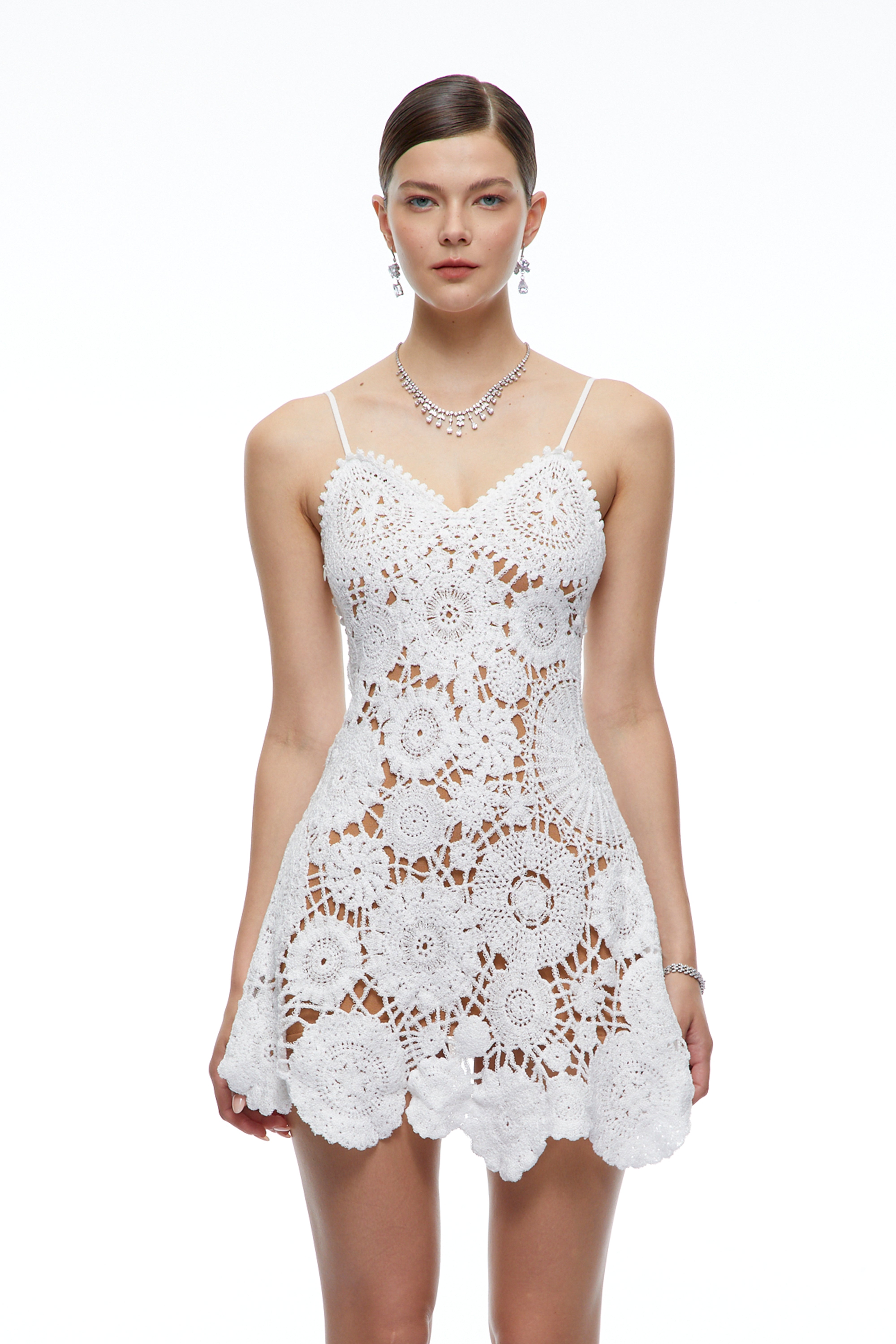 Annora White Crochet Lace Mini Dress with Spaghetti Straps