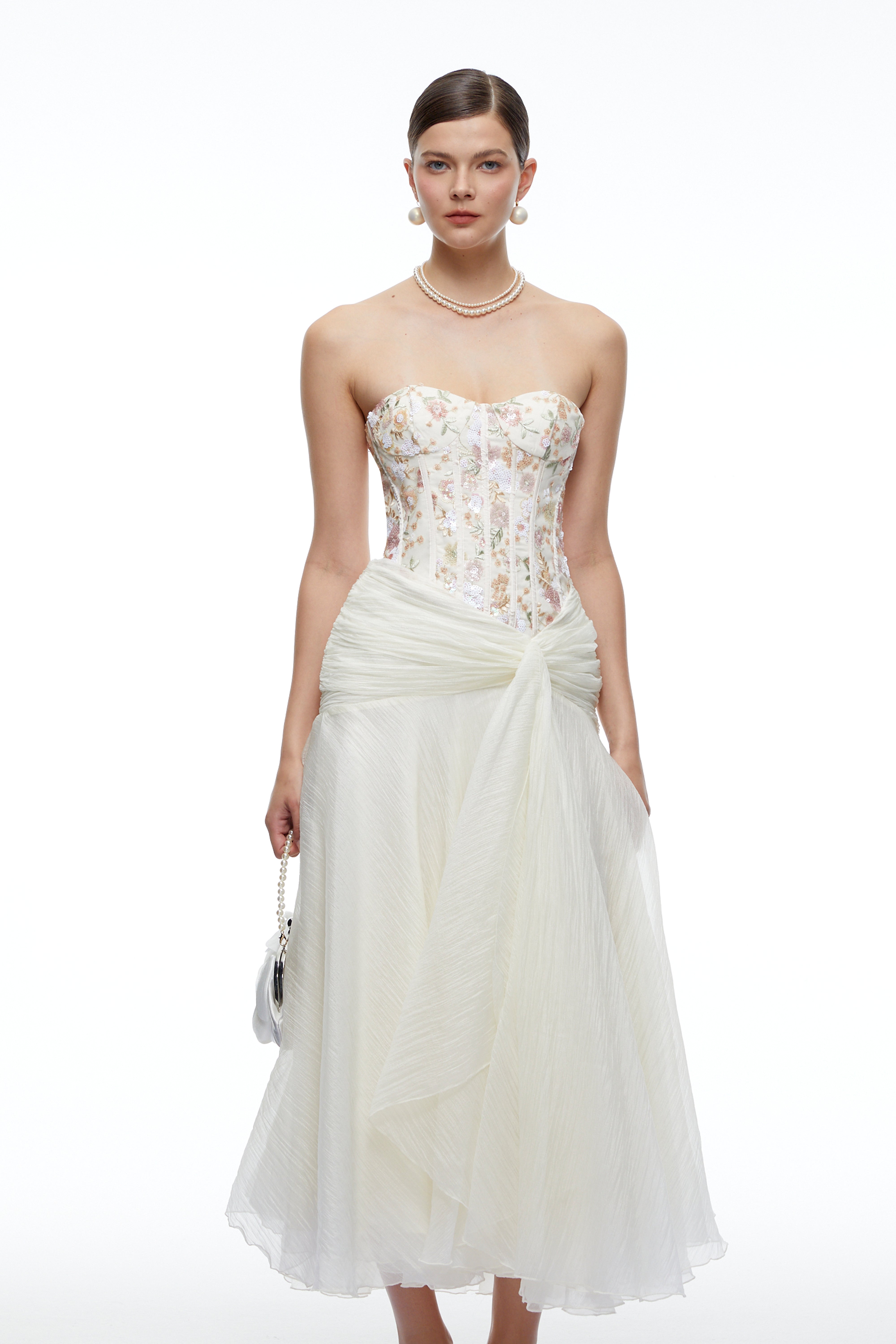 Anouk White Sequined Floral Corset Draped Midi Dress
