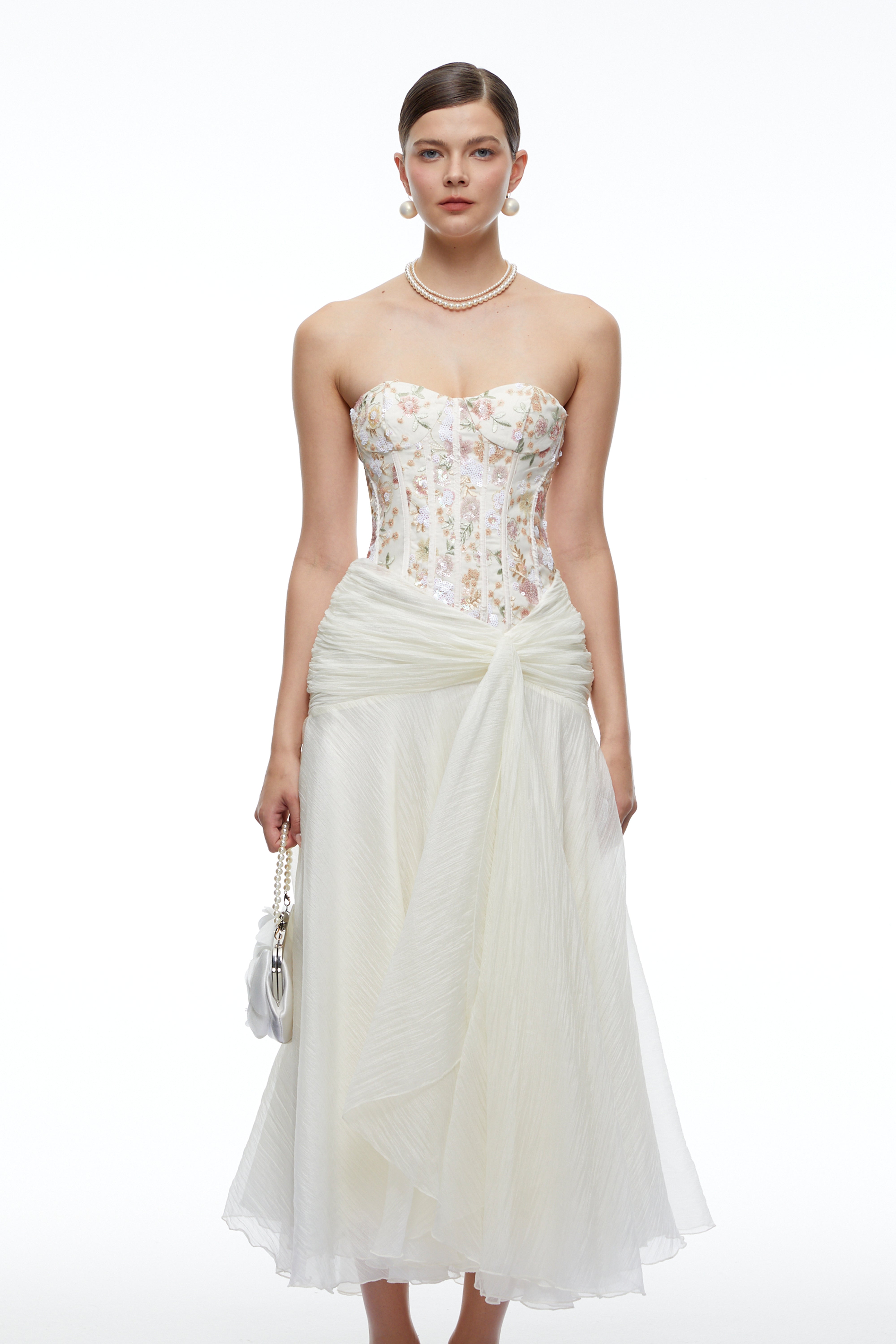 Anouk White Sequined Floral Corset Draped Midi Dress