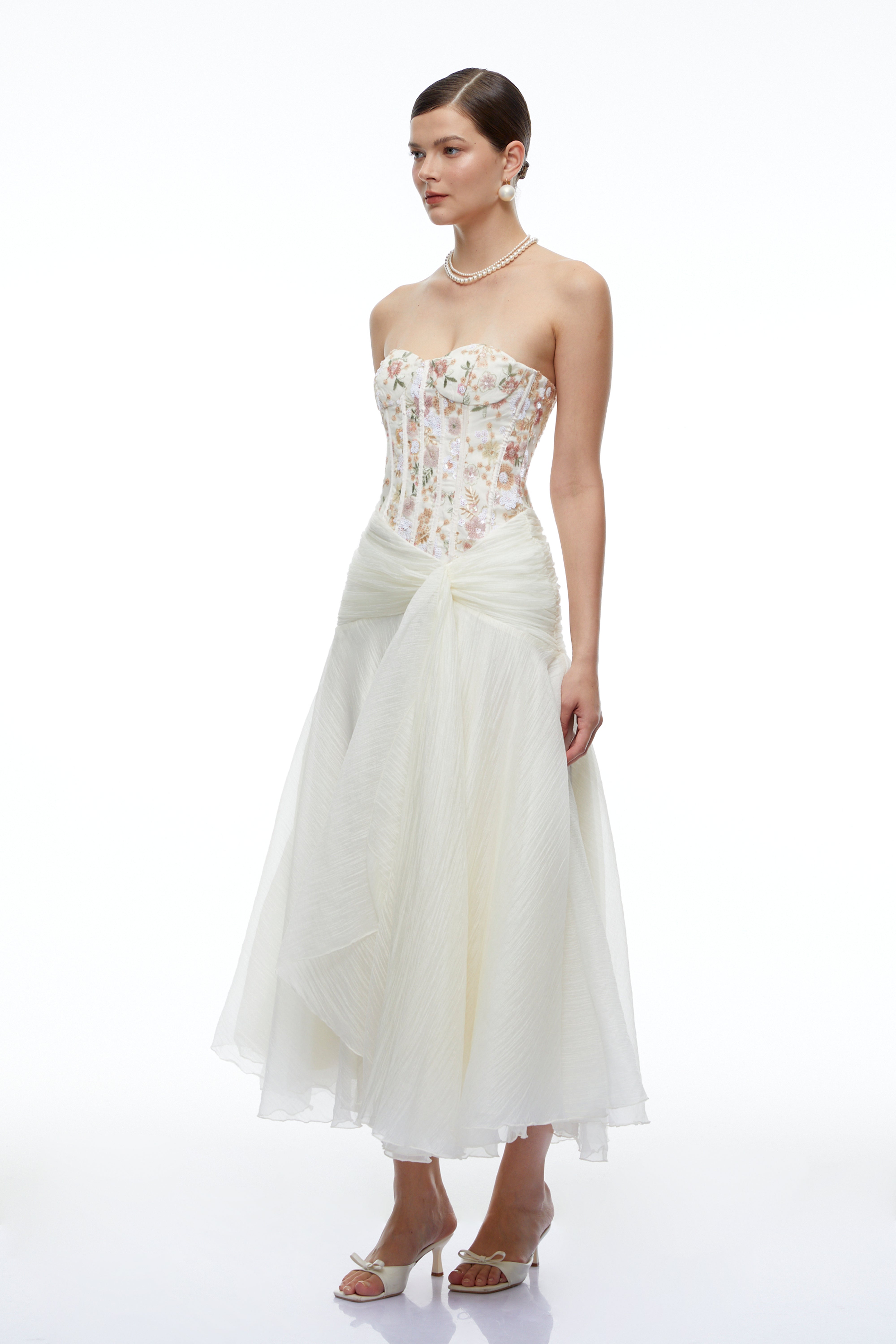 Anouk White Sequined Floral Corset Draped Midi Dress