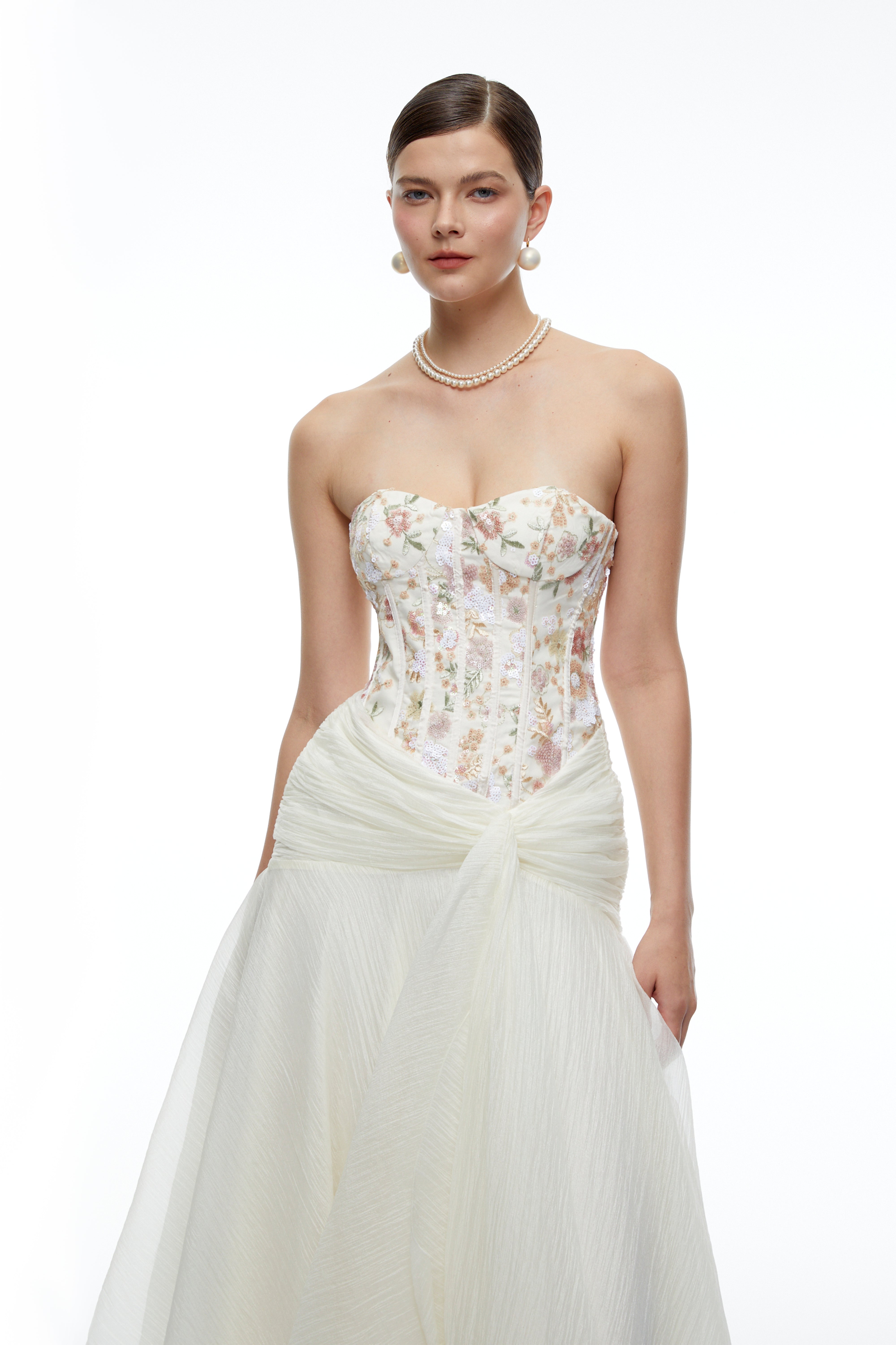 Anouk White Sequined Floral Corset Draped Midi Dress