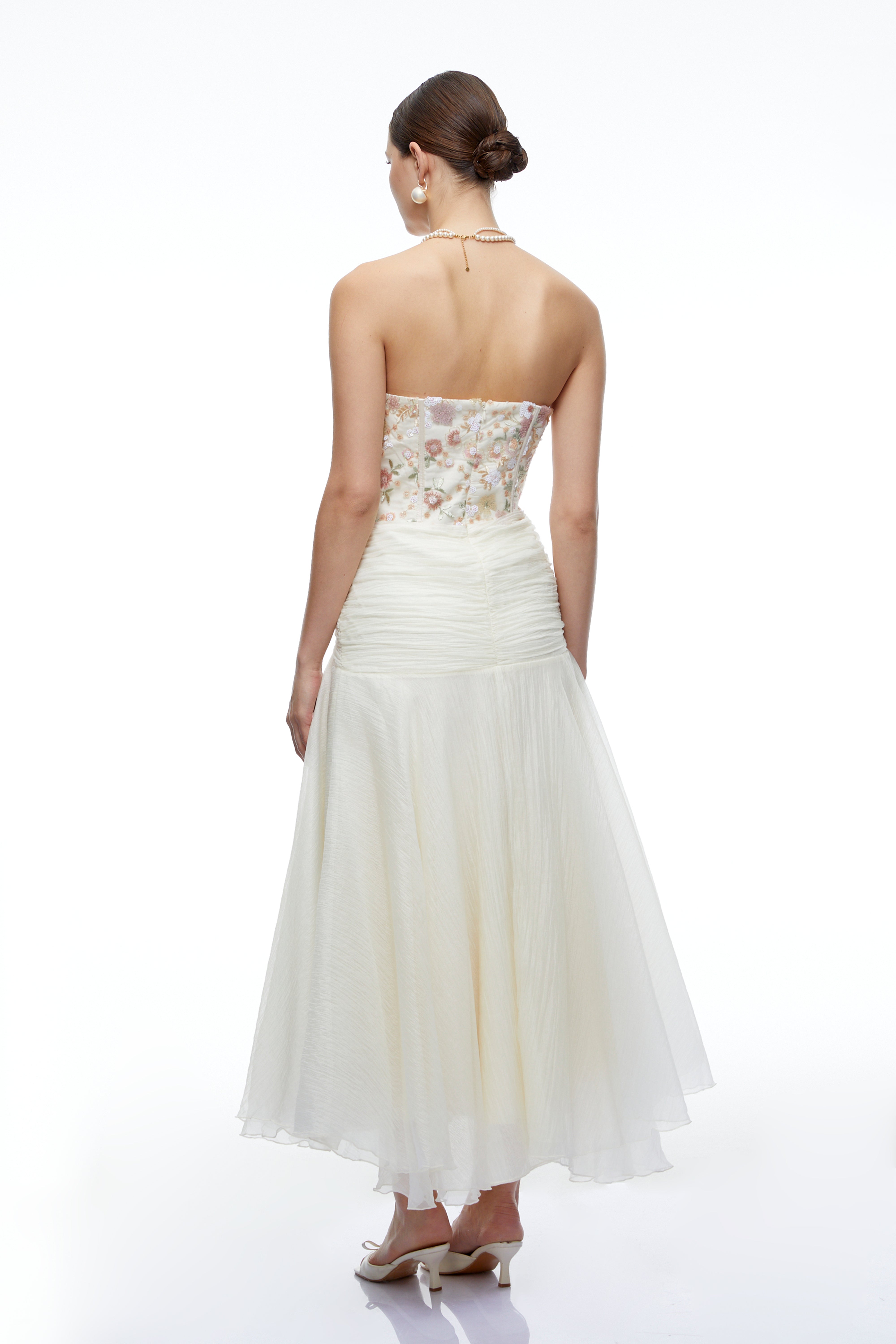 Anouk White Sequined Floral Corset Draped Midi Dress